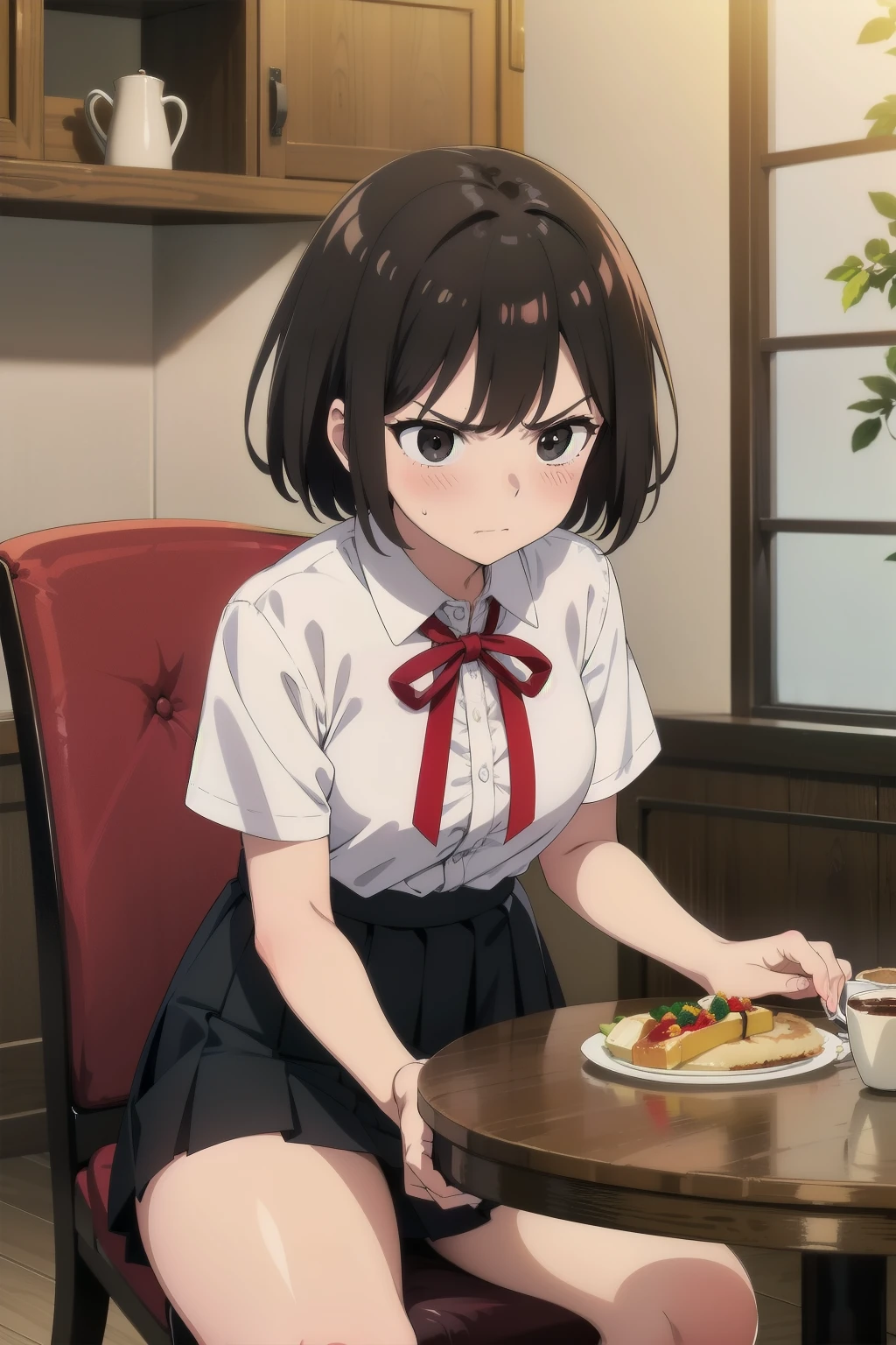 , short hair, , brown hair, black eyes, alone,perfect style、20-year-old ((white shirt、red ribbon、black pleated skirt)), ,anger、angry look、blush, Are standing,indoor,Sit on the chair at the table lined with breakfast、morning scene、sharp outline, short sleeve, highest quality, masterpiece