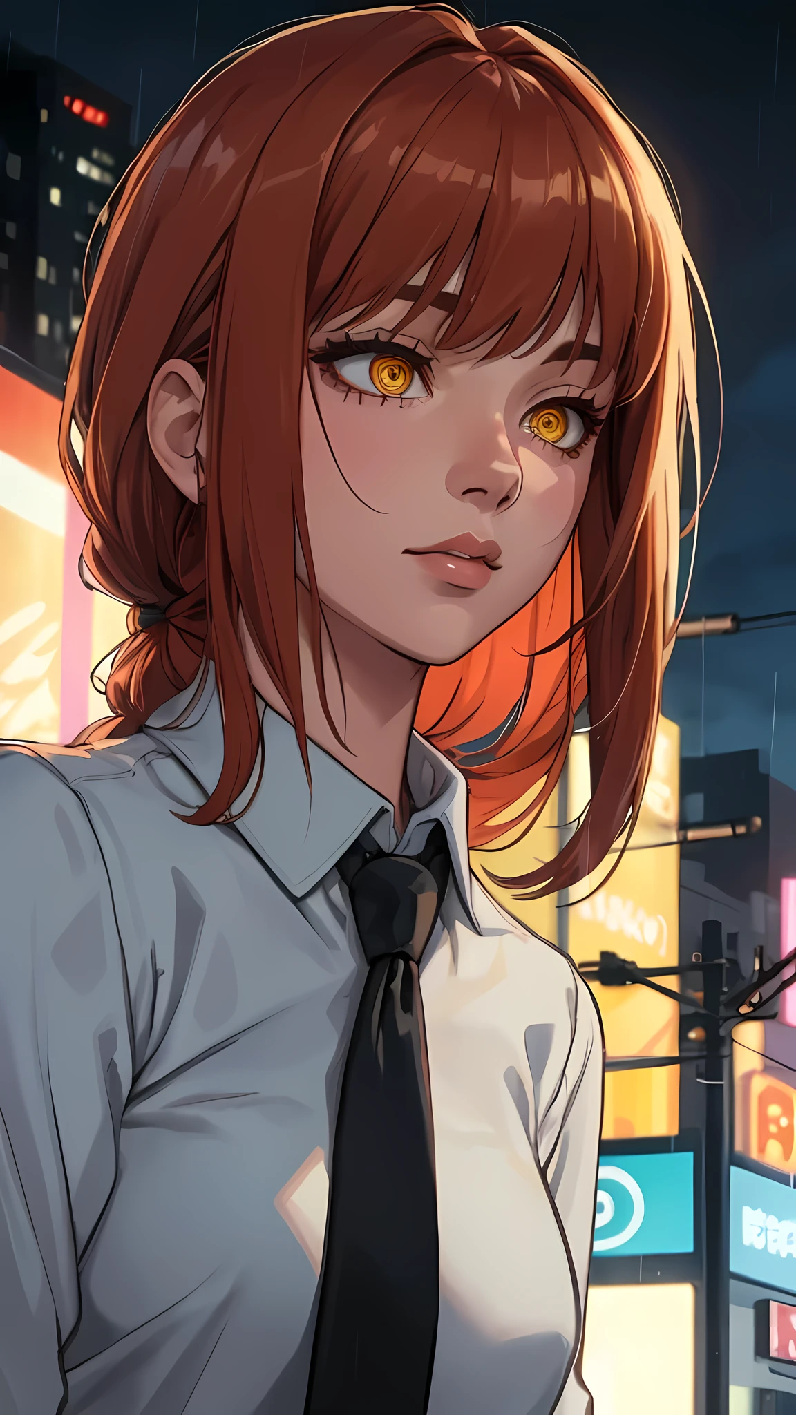 soft and warm color, movie still,bright,vivid,dreamy,evocative use of light and shadow, incredible beauty,anime style,vibrant,beautiful,textural,(((masterpiece))),(((best quality))),((ultra-detailed)),impeccable, intricate details, 1girl, makima, long hair, red hair, yellow eyes, ringed eyes, (white polo long sleeve, red necktie), you look calm scene, you look calm ,blade runner 2049, night, city, dark, calm, calm, portrait, upper-body, bladerunner 2049, rain, blur background