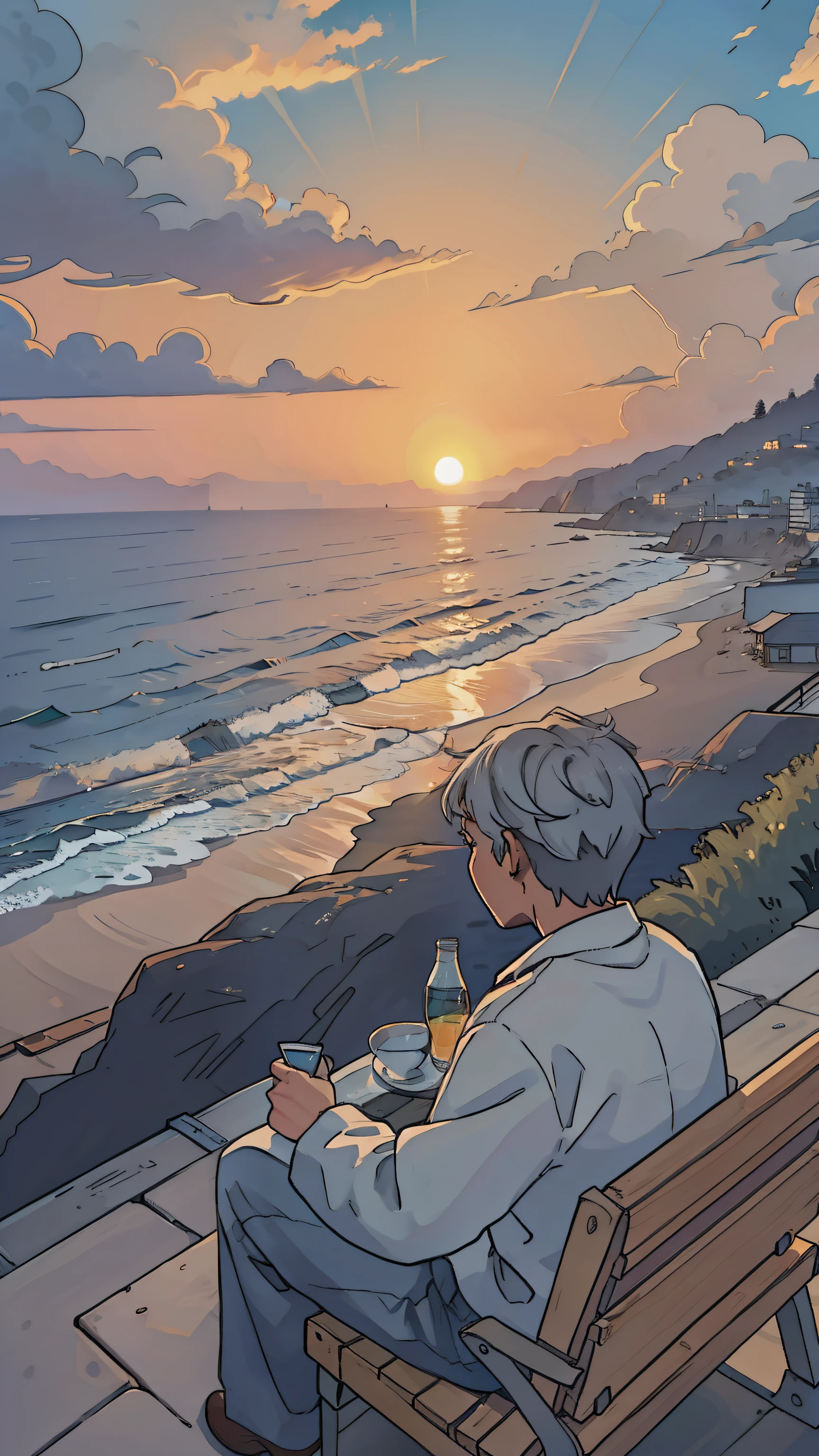 Gray-haired old man, Faraway view, sea view, sunset, sitting
