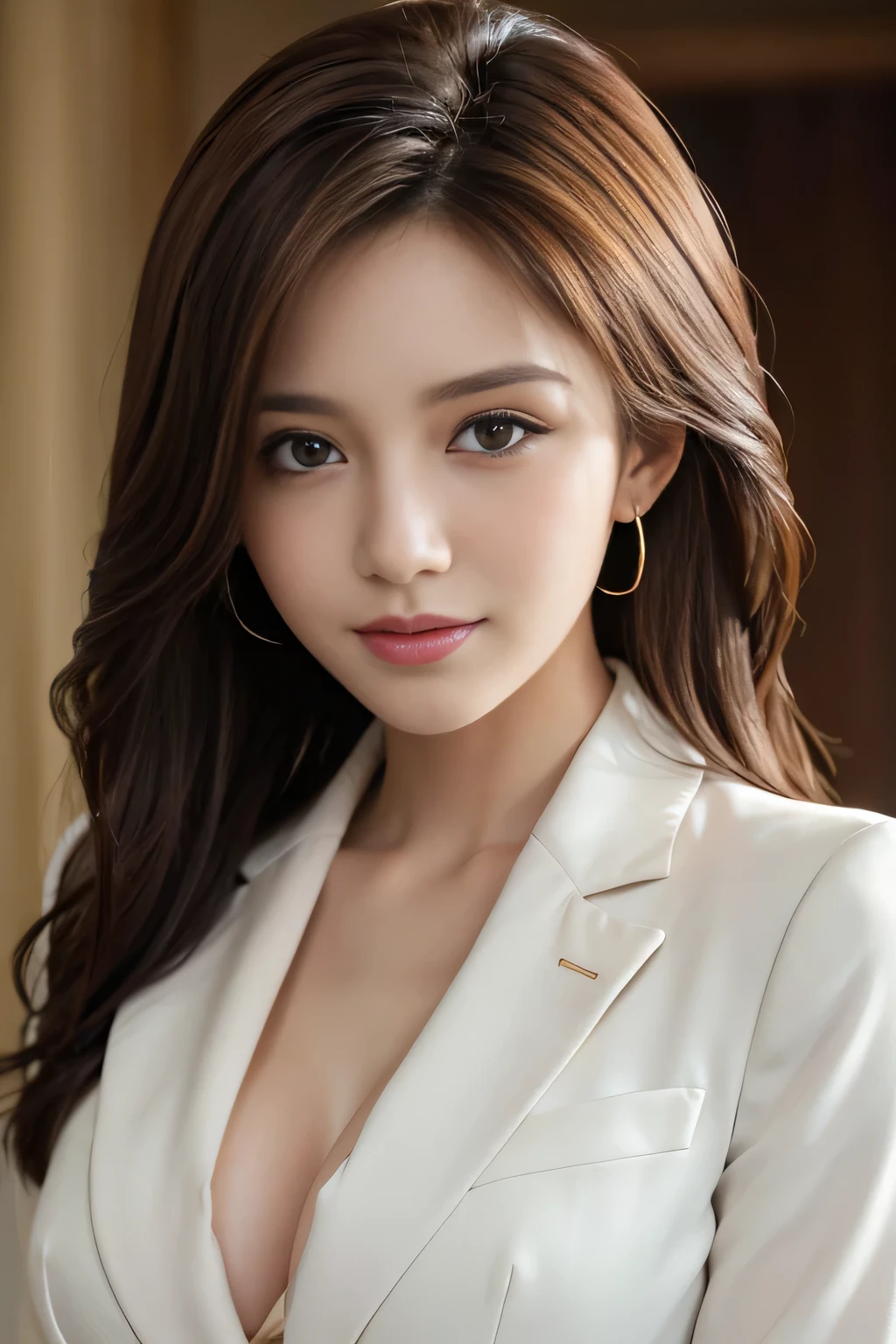table top, highest quality, realistic, Super detailed, finely, High resolution, 8k wallpaper, 1 beautiful woman,, light brown messy hair, wearing a business suit, sharp focus, perfect dynamic composition, beautiful and detailed eyes, thin hair, Detailed realistic skin texture, smile, close-up portrait, model body shape