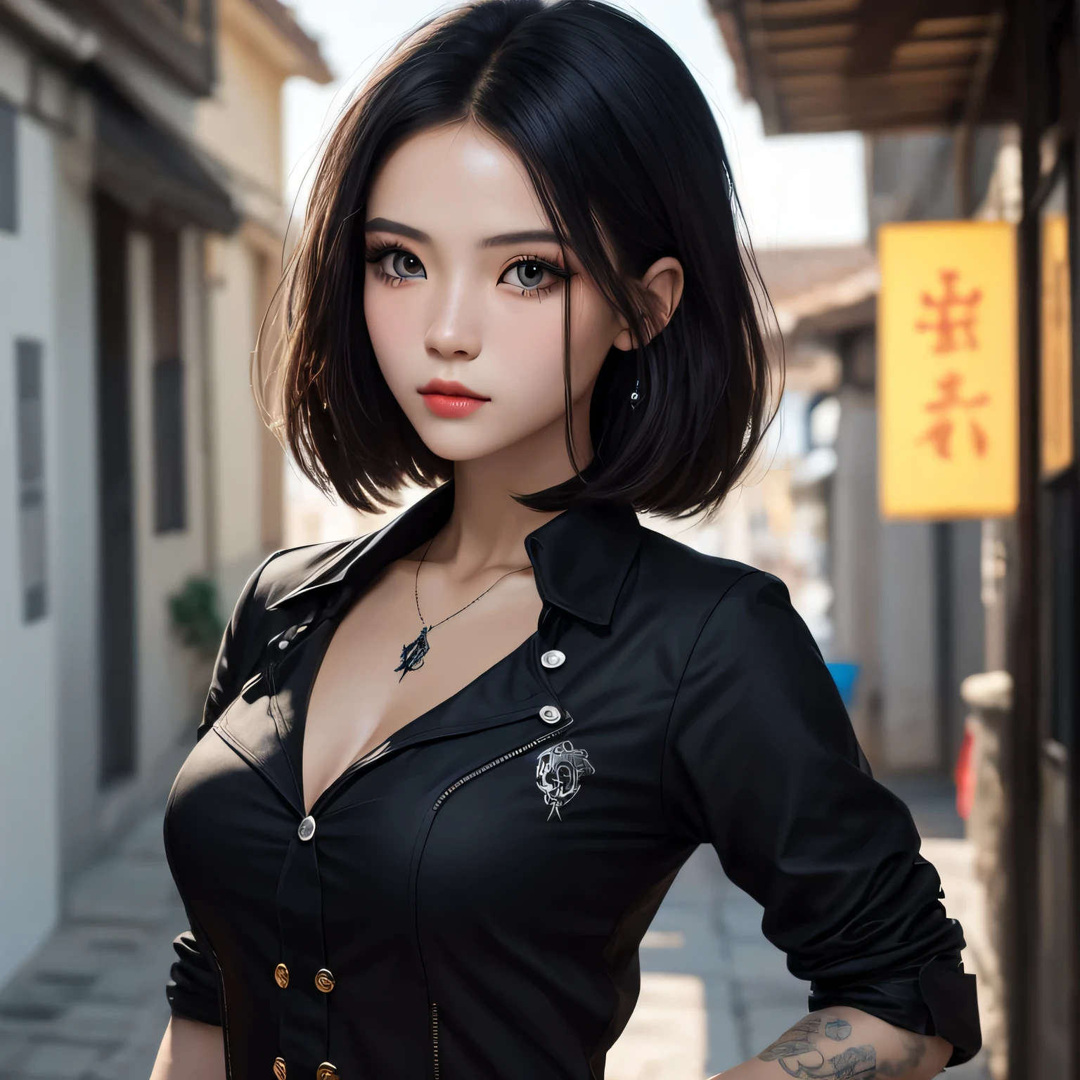 (qualidade superior)), ((obra-prima)), Half-body view of a young Chinese goth girl with a Punky touch, ((vista frontal)) Com uma camisa desabotoada de veludo preto, with a rebellious appearance, olhos escuros sombreados, cabelos prateados, detalhes intrincados, olhos azuis claros altamente detalhados, boca altamente detalhada, cinematic image, iluminada pela luz suave, foto de olhos perfecteyes