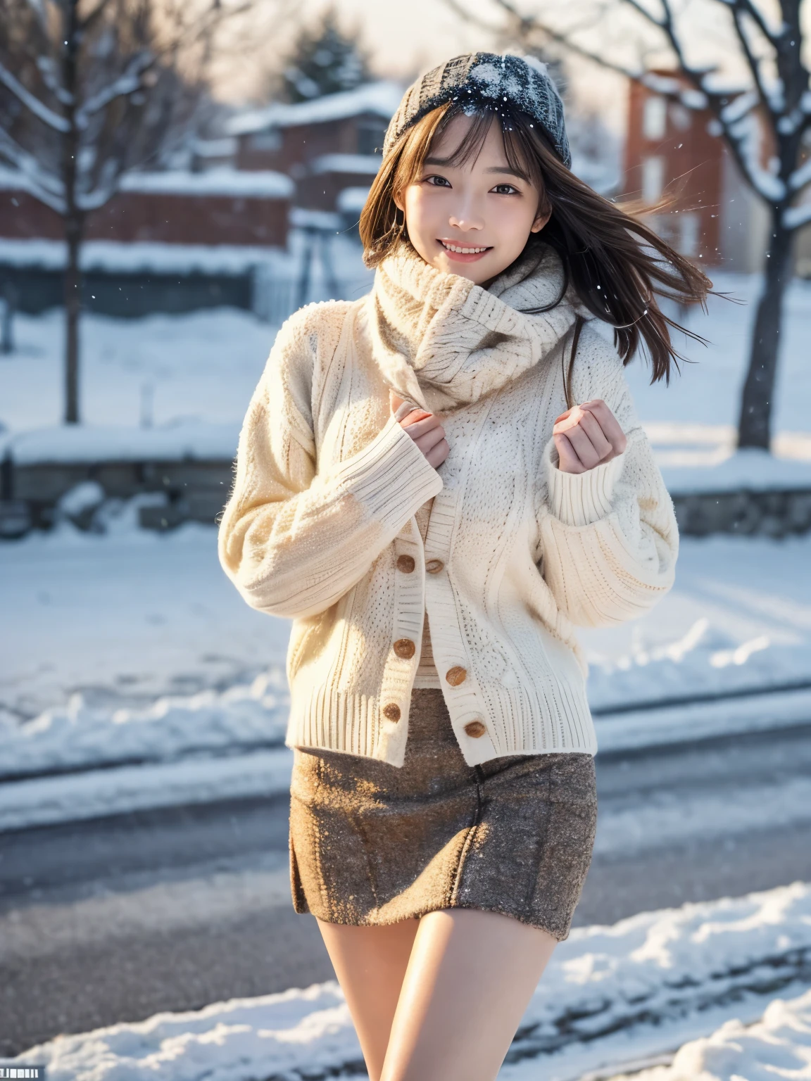 (masutepiece:1.3, Photorealsitic:1.4, 8K), top-quality, ​masterpiece, 超A high resolution, Perfect dynamic composition, Highly detailed skin and facial texture:1.3, A detailed eye, Detailed limbs, Winters, (snowflakes falling:1.2), Snowfall landscape at night:1.2, 1girl in, Cute sexy 25 year old slim woman, Fair skin, (Snow fell on my body and clothes:1.2), ((A smile:0.9, Totally captivates you:1.0)), (Chunky short jacket over yellow long sleeve shaggy knit sweater:1.35, Tweed Mini Skirt:1.1), ((voluptuous breasts:1.1)), Short boots, (Facing the front, Frolic Pose), (Beautiful blue eyes, Eyes that feel beautiful eros:0.85), Sexy face:0.4, (A mouthfeel that feels beautiful eros:0.85), ((Perfect and ultimate cuteness:0.9))