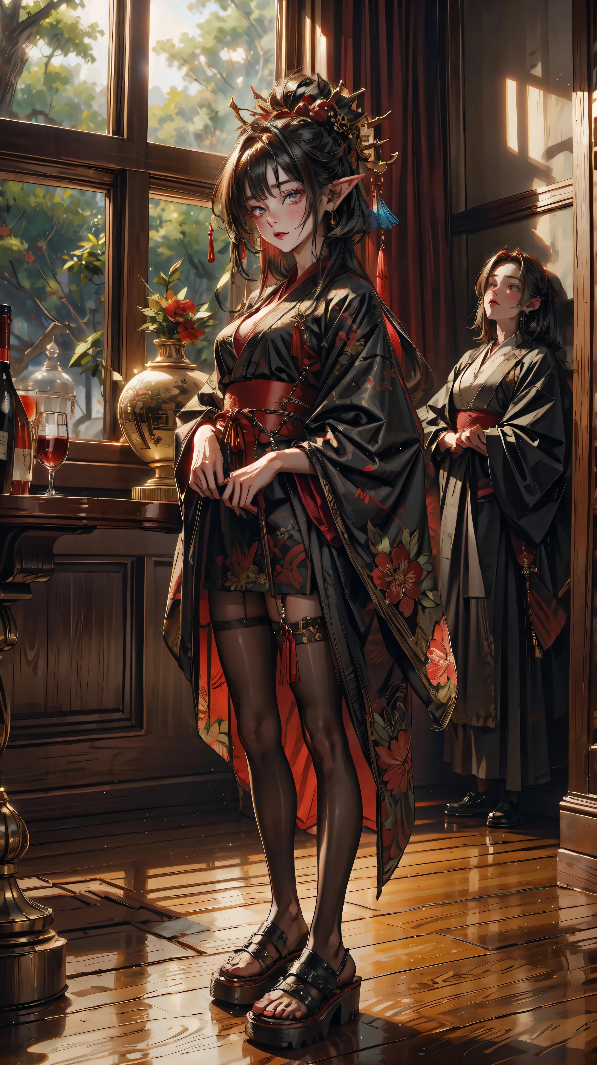 elf girl,full body ,detailed eyes, beautiful eyes, short hair,red crimson hair, chinese ornaments,lewd big , oily skin, sexy ,long hair, short dress, geta shoes, very big , lewd sexy pose, vivid colors, vibrant colors ,inside tavern,kimono,glare, evil stare, annoyed