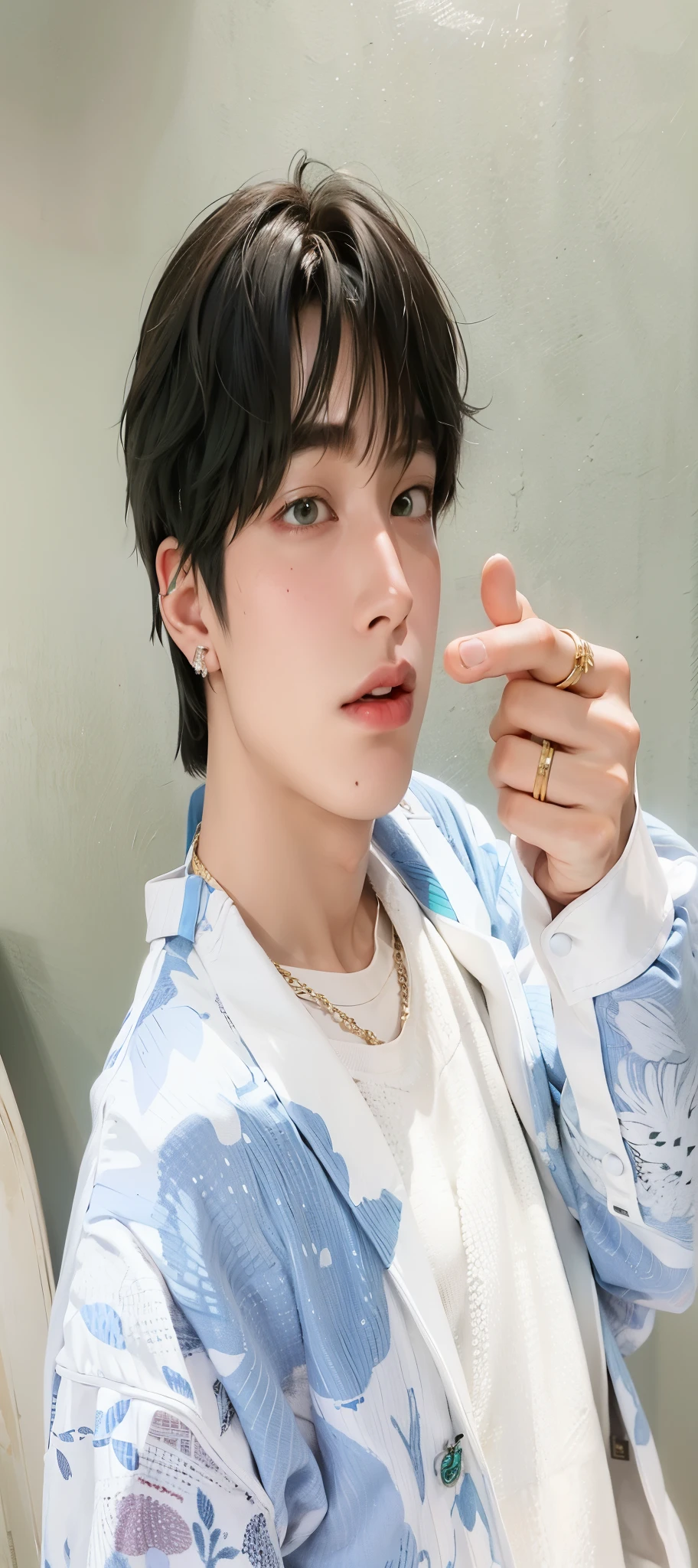 there is a man that is holding a toothbrush in his hand, cai xukun, jungkook, hyung tae, jinyoung shin, kim doyoung, inspired by Kun Can, hong june hyung, taejune kim, with index finger, hyung tae kim, shin jeongho, inspired by Bian Shoumin, ten lee, steven jung, jia, male ulzzang, kpop boy, bts, bts Jungkook, jungkook, korean male face, green eyes, Two lower lip piercings, red strands in hair, black hair