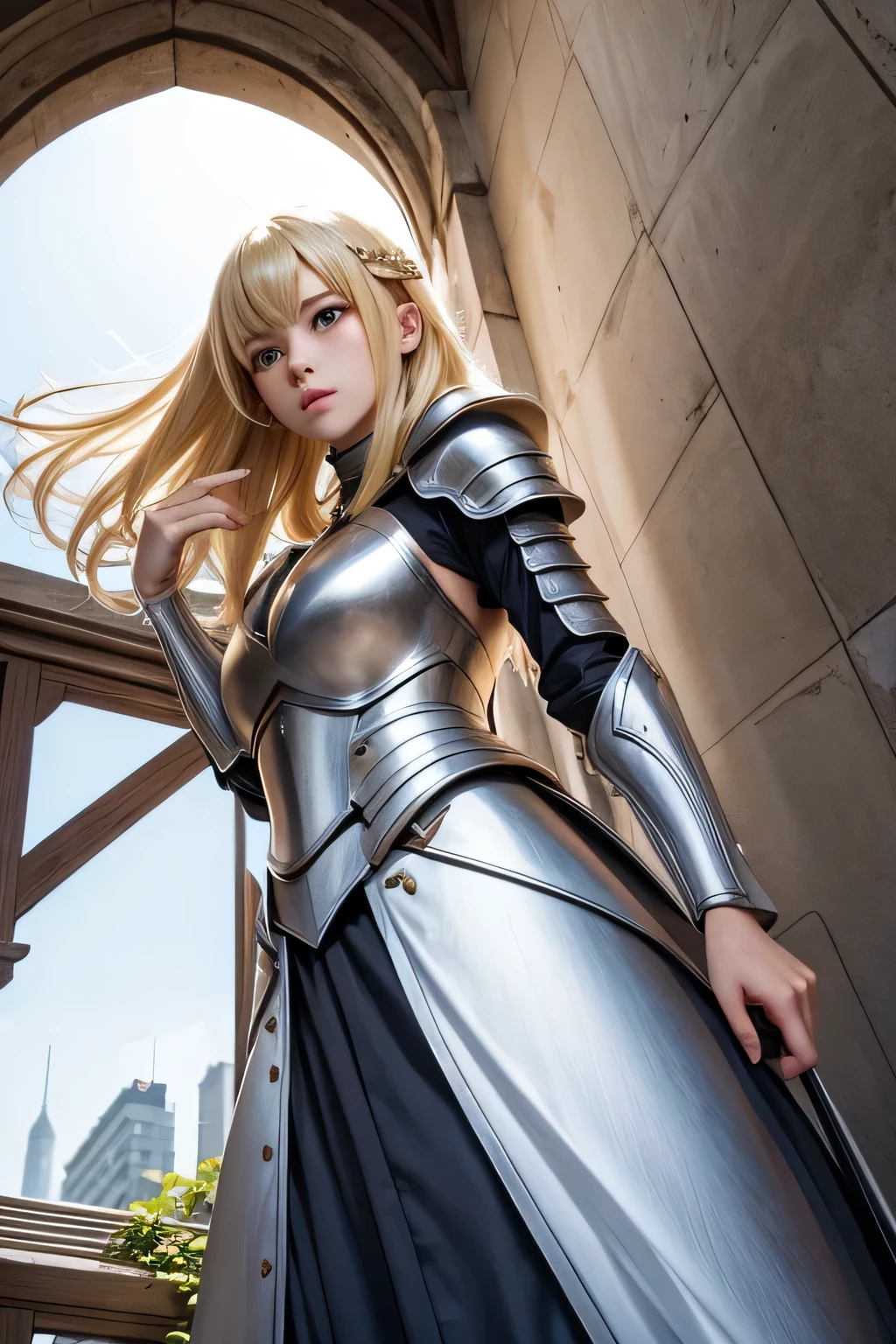 white armor、beautiful female holy knight、(((blonde)))up style、((whole body))、(((photo taken from below)))、city
