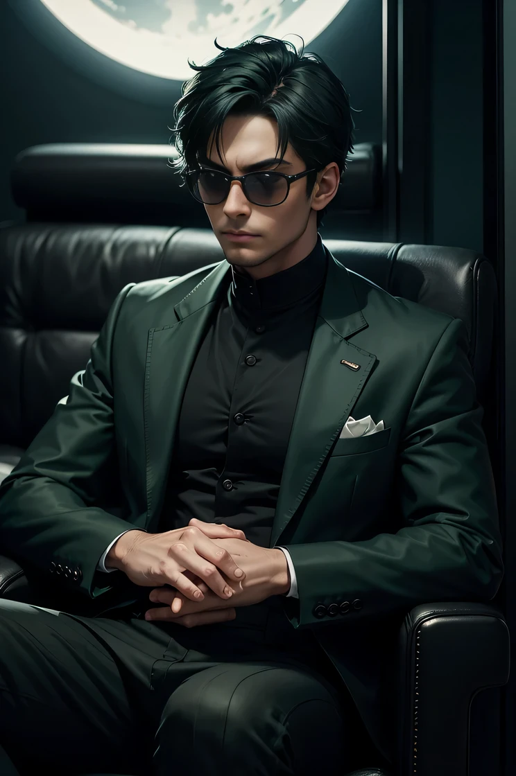 man with dark green hair , wearing dark green  and black outfit , with moons and skull pattern , with black sun glasses , sitting on his black car