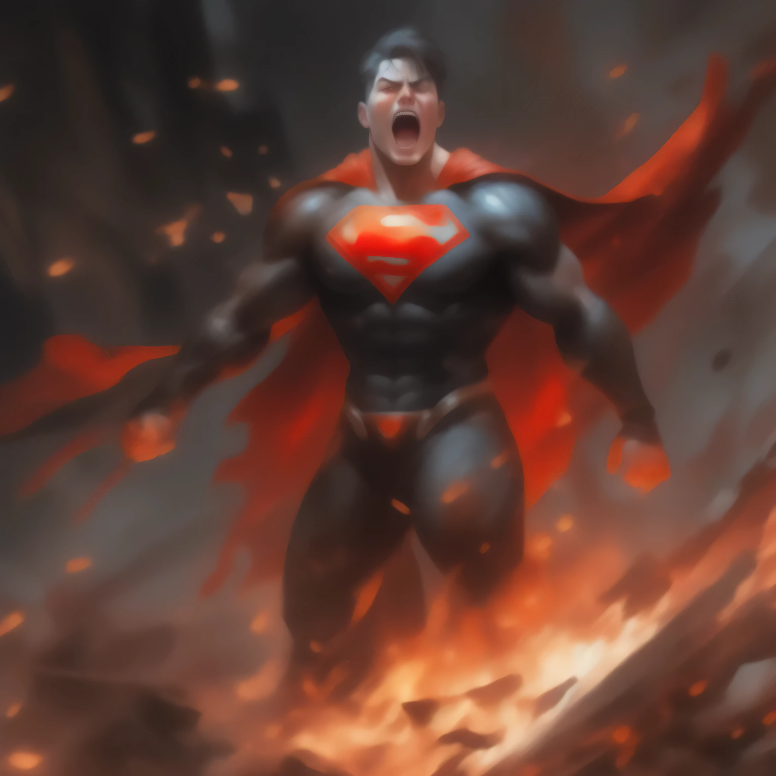 side view of Superman screaming in a falling position, slapping intensely, disintegrating in gunmetal black in dark knight costume, T-shaped mask, T-symbol on chest, in front of a fire, epic anime art, artgerm craig mullins, anime concept hdr anime macmanus, jin - roh, by Arthur Pan, antoine collignon, by Yang J, with bright red eyes, style of raymond swanland, artgerm and craig mullins, red son, dan mumford. 8k octane rendering