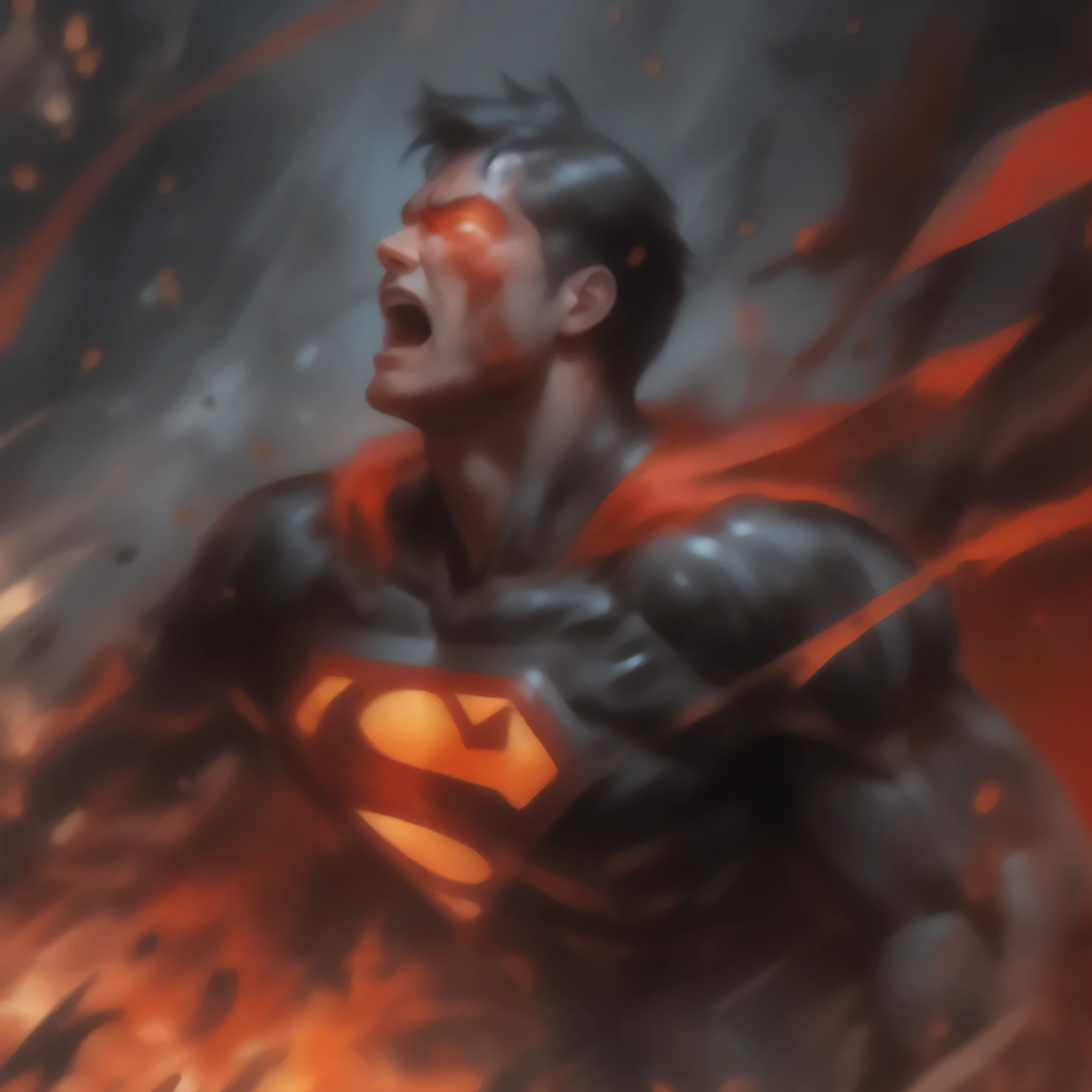 side view of Superman screaming in a falling position, slapping intensely, disintegrating in gunmetal black in dark knight costume, T-shaped mask, T-symbol on chest, in front of a fire, epic anime art, artgerm craig mullins, anime concept hdr anime macmanus, jin - roh, by Arthur Pan, antoine collignon, by Yang J, with bright red eyes, style of raymond swanland, artgerm and craig mullins, red son, dan mumford. 8k octane rendering