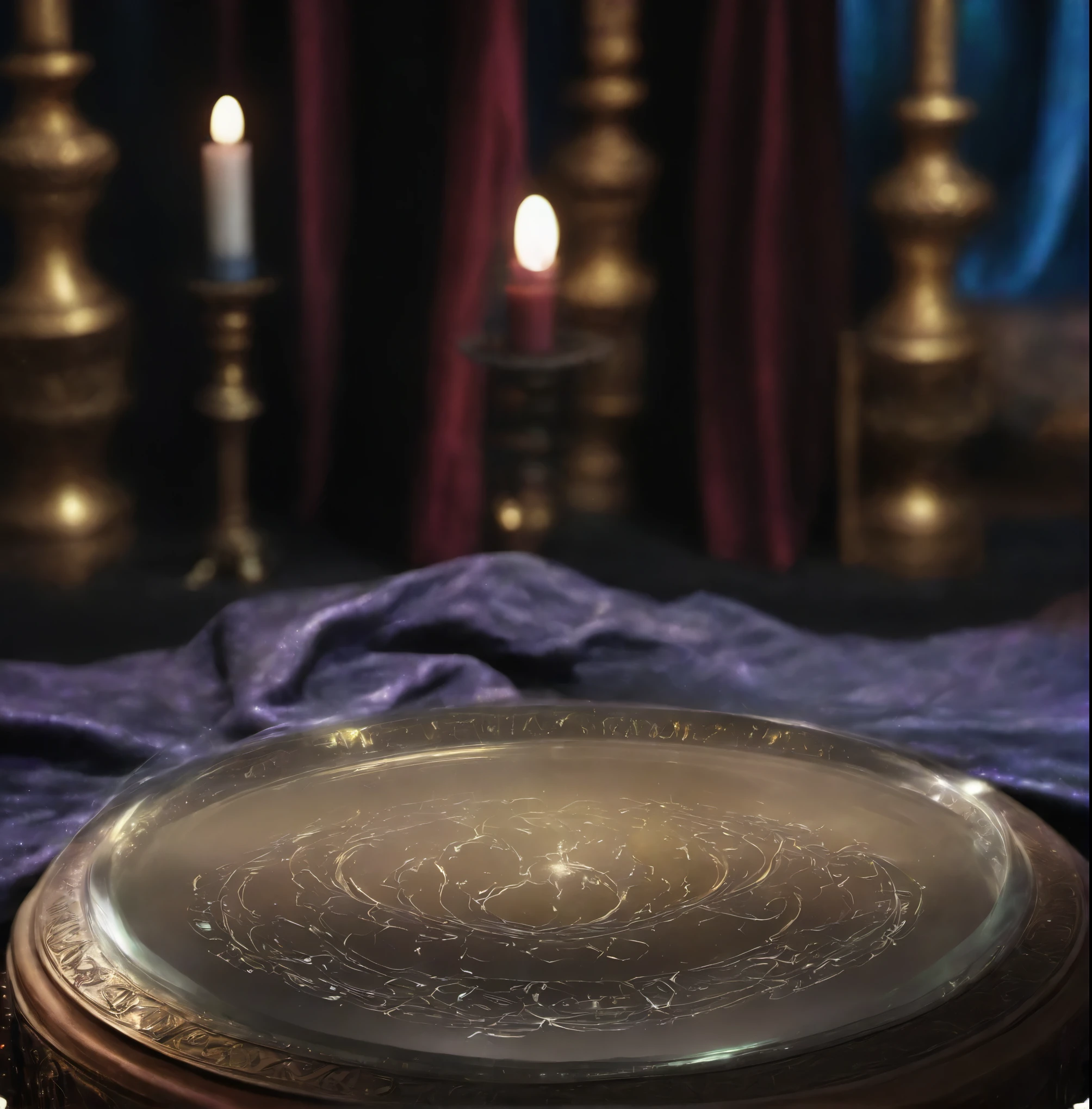 There is a gold pedestal for a crystal ball with a pattern on the table., Spell casting, Spell casting wizard, Home Wicca Scene, cast a protection spell, fortune teller, magic laboratory setting, A gorgeous overturned holy grail, Sorcerer's Room, More on complex Wiccan scenes, set photo, Kramskoy 4K, altar of sacrifice, Emitting superpowers
