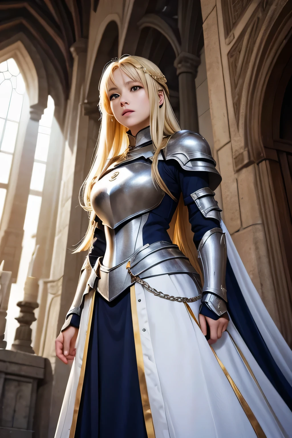 white armor、beautiful female holy knight、(((blonde)))up style、((whole body))、(((photo taken from below)))、city