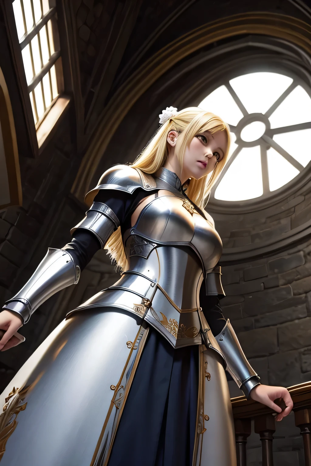 white armor、beautiful female holy knight、(((blonde)))up style、((whole body))、(((photo taken from below)))、city