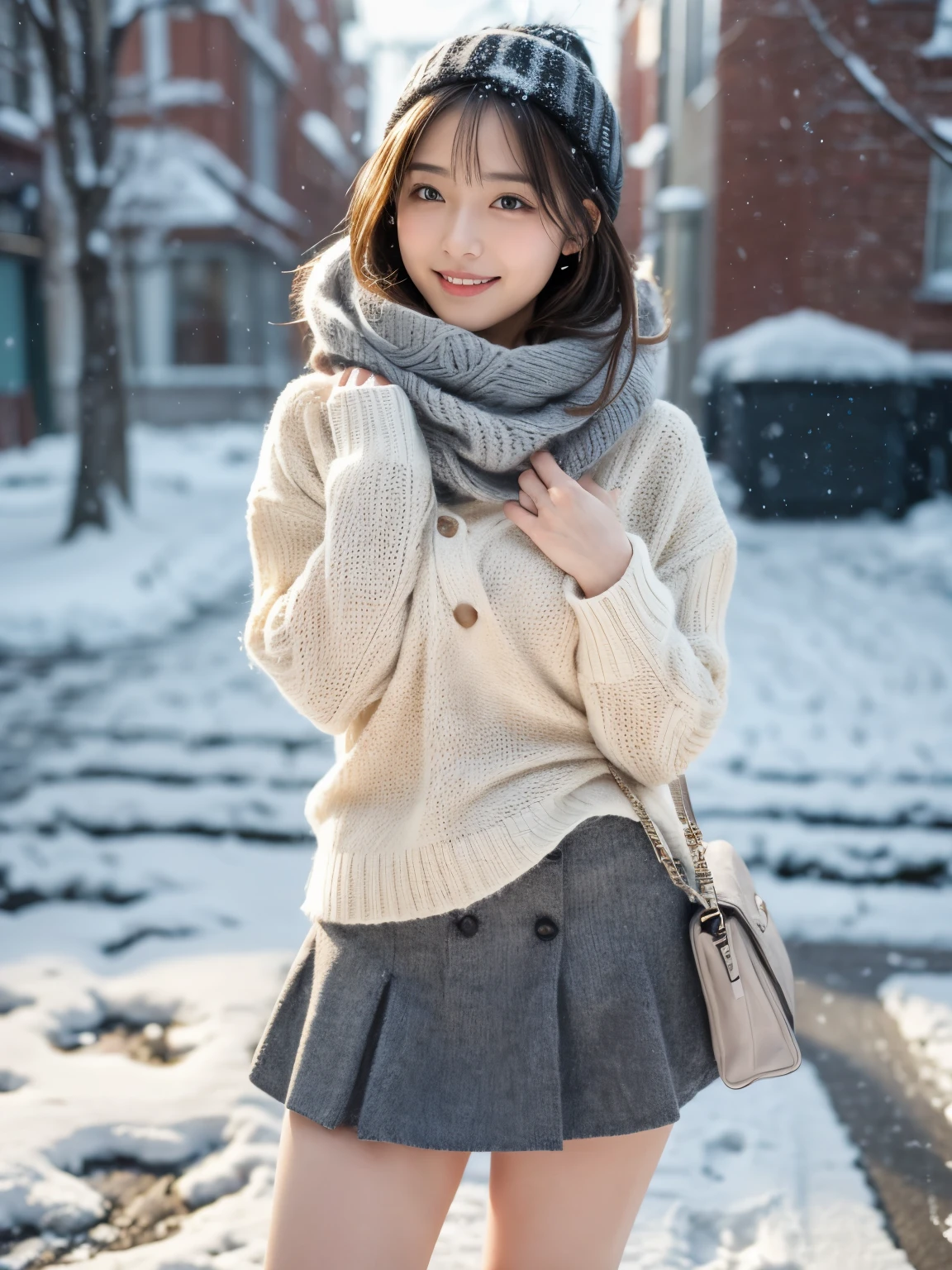 (masutepiece:1.3, Photorealsitic:1.4, 8K), top-quality, masterpiece, 超A high resolution, Perfect dynamic composition, Highly detailed skin and facial texture:1.3, A detailed eye, Detailed limbs, Winters, (snowflakes falling:1.2), Snowfall landscape at night:1.2, 1girl in, Cute sexy 25 year old slim woman, Fair skin, (Snow fell on my body and clothes:1.2), ((A smile:0.9, Totally captivates you:1.0)), (Chunky short jacket over yellow long sleeve shaggy knit sweater:1.35, Tweed Mini Skirt:1.1), ((voluptuous breasts:1.1)), Short boots, (Facing the front, Frolic Pose), (Beautiful blue eyes, Eyes that feel beautiful eros:0.85), Sexy face:0.4, (A mouthfeel that feels beautiful eros:0.85), ((Perfect and ultimate cuteness:0.9))