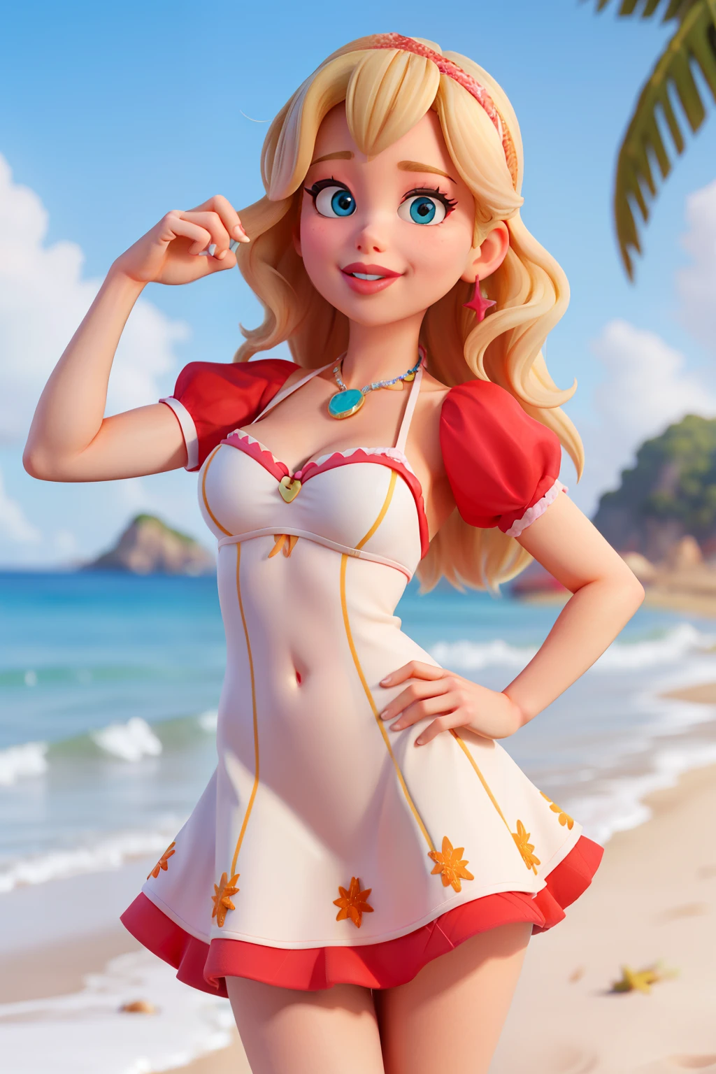 blonde, beach, bikini, split, conceited, pink dress, Red lipstick, big lips, cheerful character in Disney Pixar style