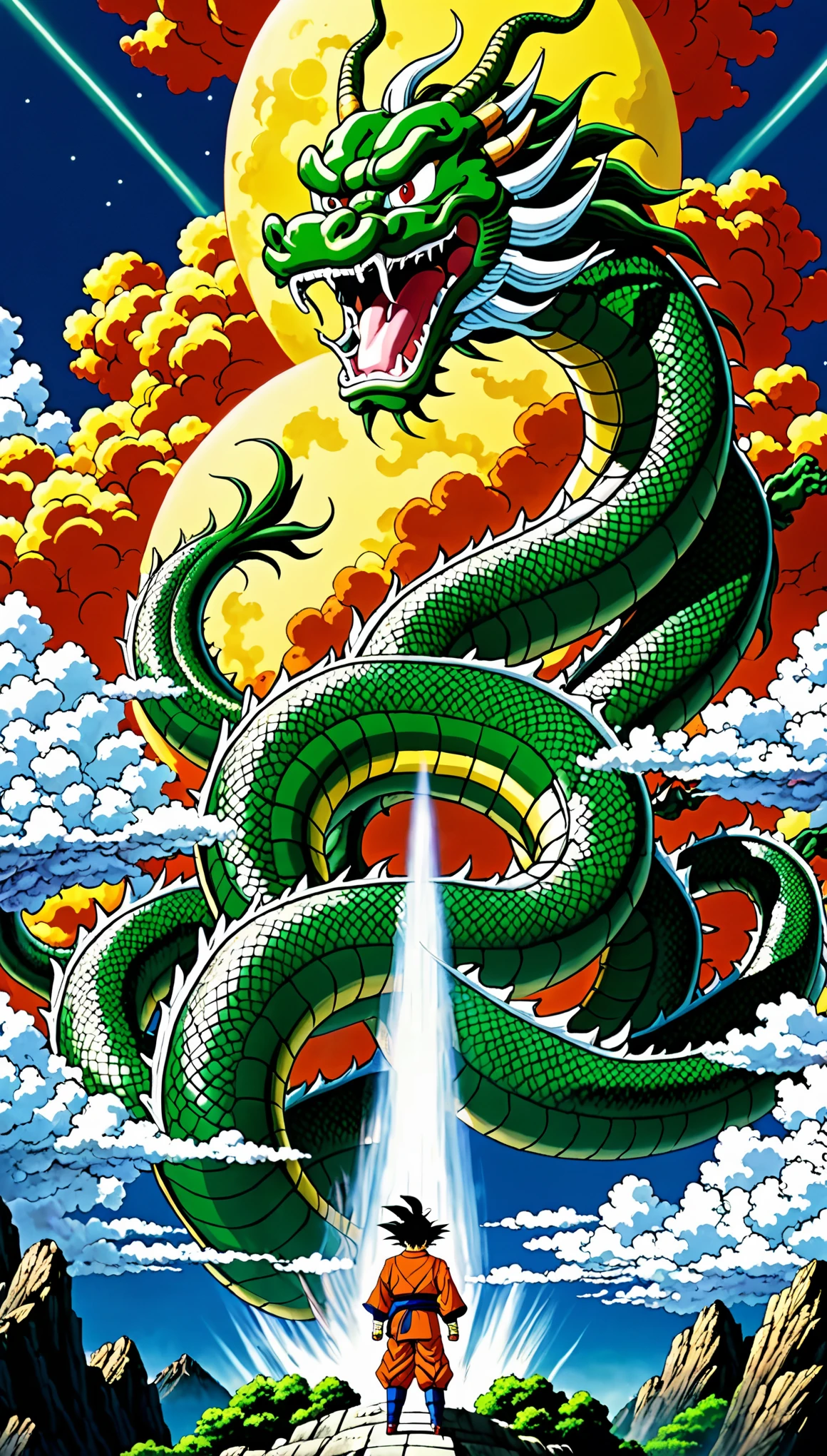 Akira Toriyama going to heaven with Shenron, cinematic style