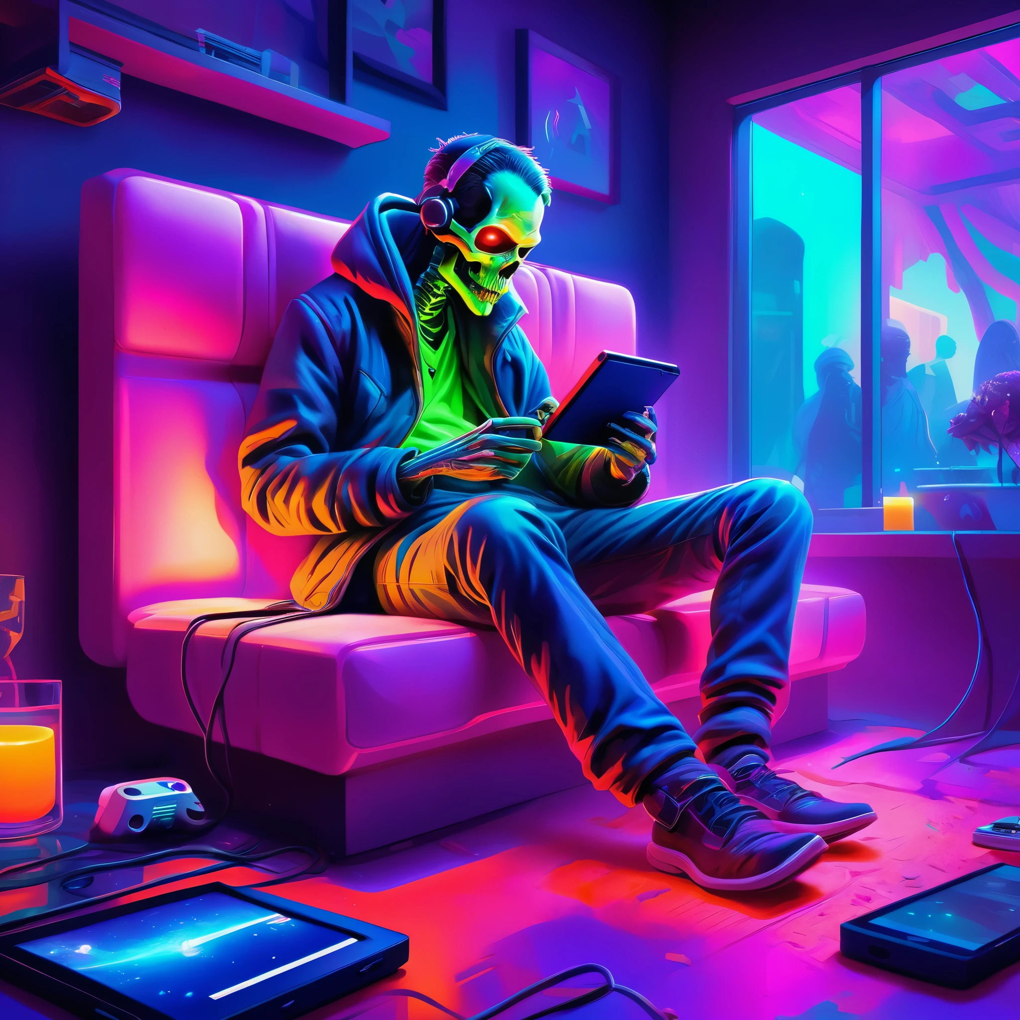 "Step into a futuristic realm with this highly detailed illustration of an undead man relaxing and playing his 3ds. The vibrant neon colors and zoomed-in perspective add a dynamic touch, while the blurring effect creates a dreamy atmosphere. Perfect for those who love a mix of fantasy and technology."