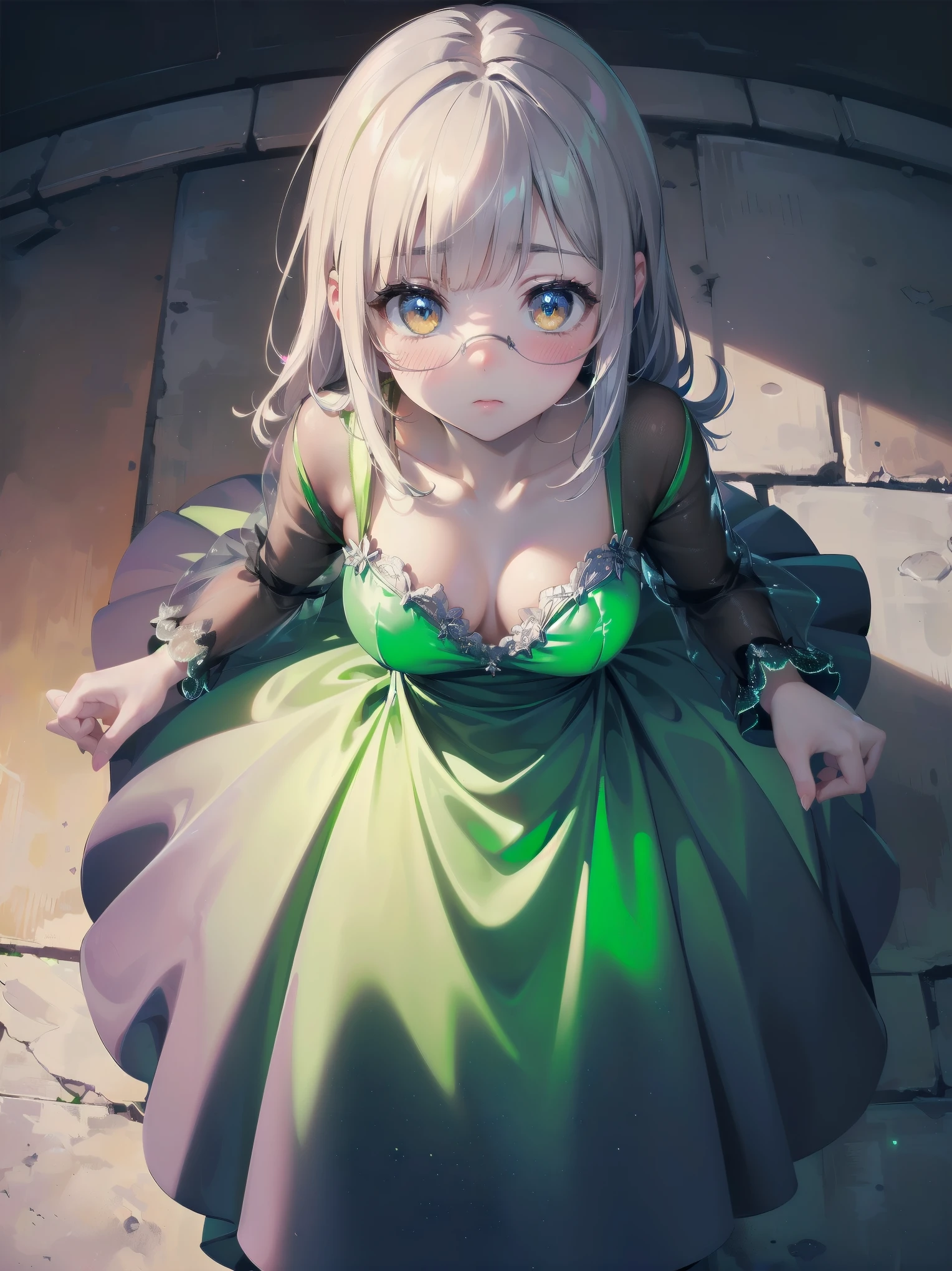 Masterpiece, high quality, high quality illustration, vast expanse of medieval cityscape, one girl, solo, (((( dress, V-neck, fluorescent luminescent lamé and see-through material produced, )))) long sleeves, long dress, delicate and super detailed embroidery, ((cute, super cute, incredibly ridiculous cuteness)) looking at you, ((blush)), raw girl ((from above)), shy pose,