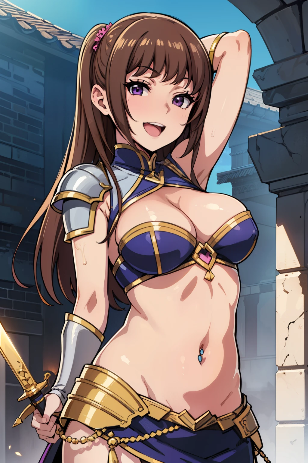 risaoneechan, risa oneechan, long hair, bangs, (brown hair:1.2), (purple eyes:1.2), smile,
masterpiece, best quality, highly detailed, fantasy , a anime girls in armored dress holding a sword
posing for a picture, evil smile, smile, open mouth, breastplate with open cleavage, cleavage, warrior
outfit, ecchi anime style, anime girls, ecchi style, (nsfw) not safe for work, ecchi, digital anime art!!, in
anime style, official artwork, visual novel cg, beautiful anime girl, anime style 4 k , loincloth, exposed
belly, exposed navel, exposed midriff, exposed lower belly, pencil skirt armored, castle,inside castle,
navel piercing