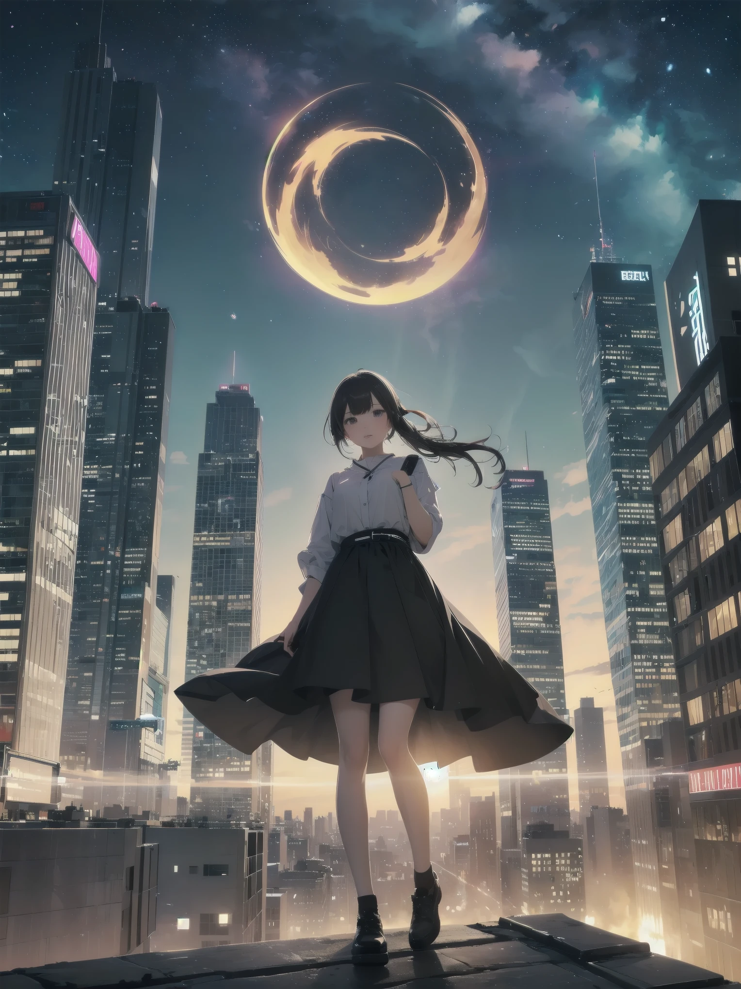 Artistic AI Art Galaxy(masterpiece:1.2, best quality),clear。lift up the skirt、cute girl、The night view of the big city outside the window、artistic shadow、I can't believe it but it's so ridiculously cute