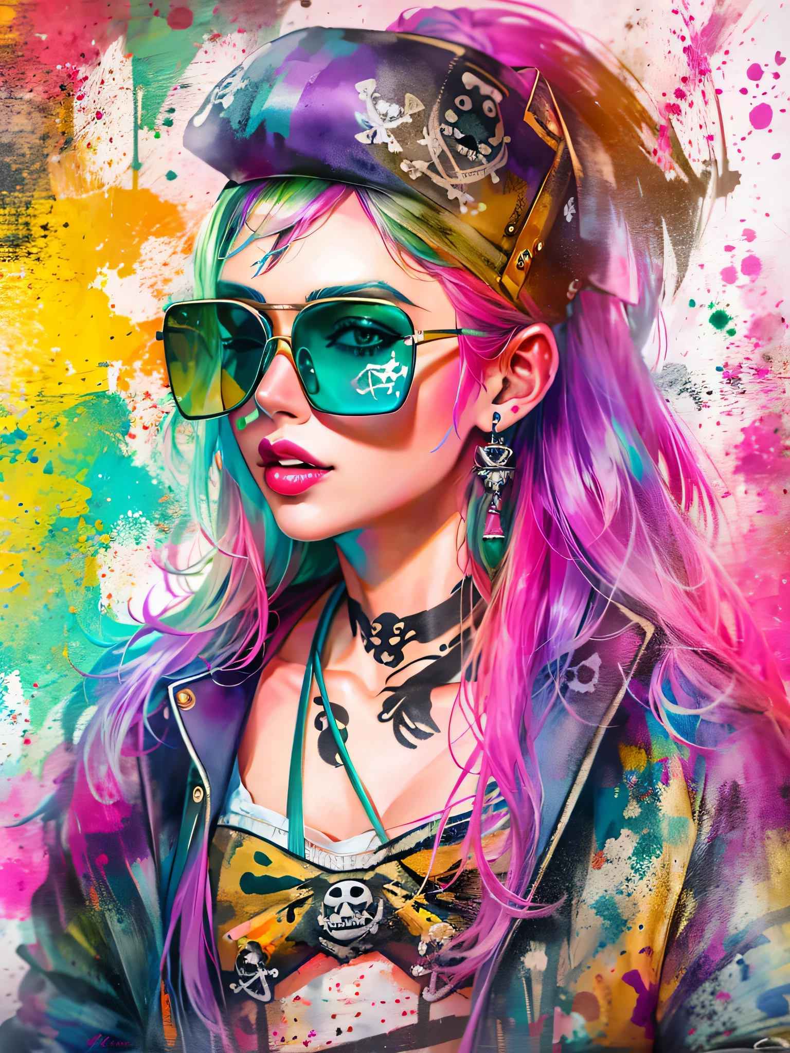 watercolor painting, 8K resolution、((highest quality))、((masterpiece))、((Super detailed))、(((most fashionable design)))、1 female、alone、incredibly absurd、 (((The most beautiful pirate girl of all time))), (((Stylish sunglasses))), lips in love, pirate bandana,neon、small breasts,、(((graffiti art))), colorful hair, provocative
