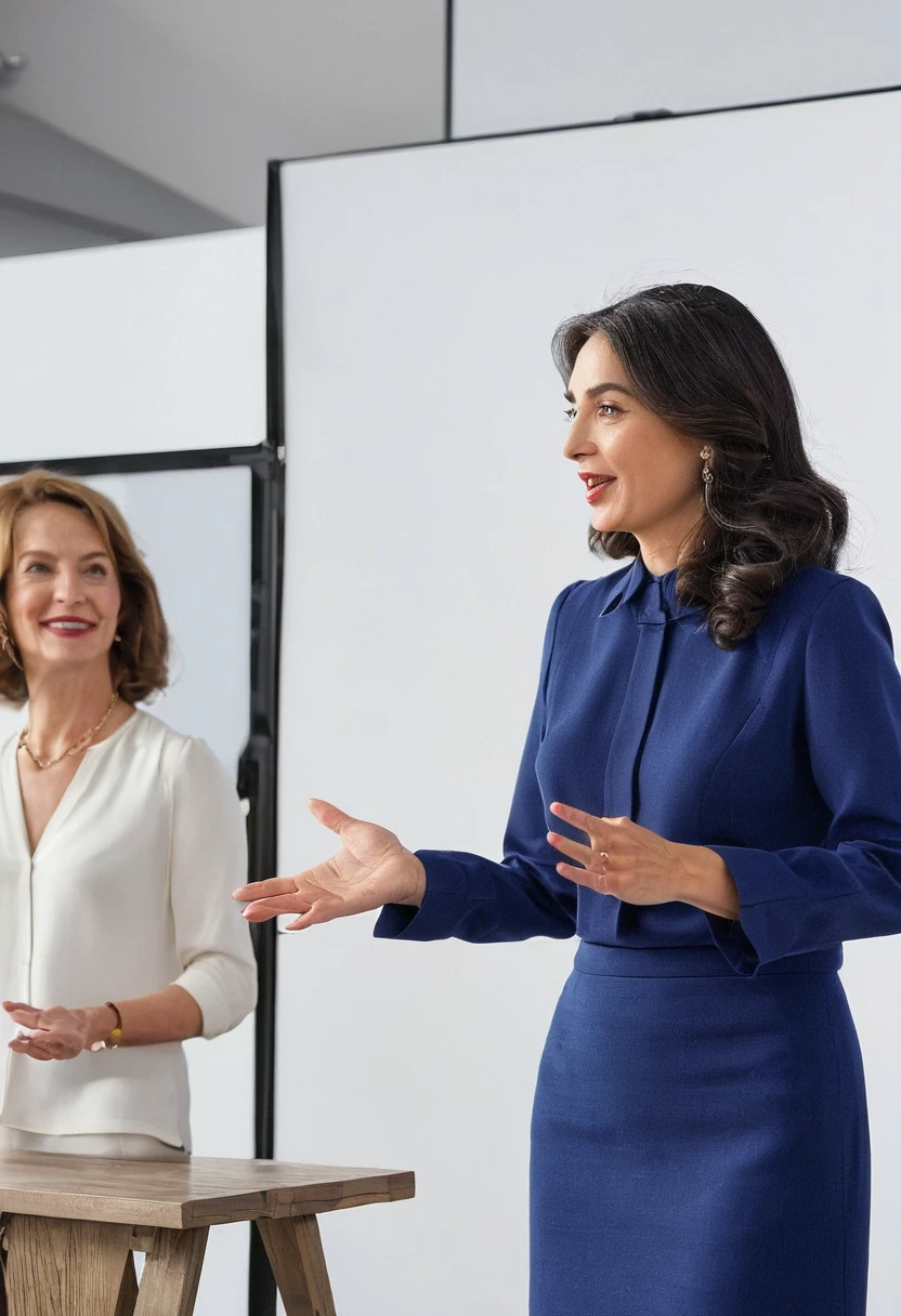 A woman introducing a panel of products,