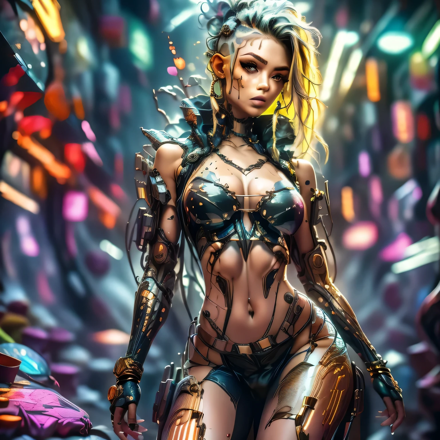 (full body: 1.2), Beautiful Cyber punk girl 2077, 18 years old, fit and attractive body. "What are the implications of integrating human bodies with various cyborg mechanical implants?" The image must be high-quality 8k resolution and use advanced rendering techniques such as photon mapping, radiosity, and physical rendering with automatic white balance. The lighting should be cinematic, with masterful lighting and slightly intensified twilight. Details: The woman must have smooth, soft skin, with visible pores and a heart-shaped butt, a current trend in Brazil. She should wear normal clothes, specifically cotton micro lingerie, with cotton panties or very short pajamas. The image should focus on your beautiful, symmetrical face, with ultra-detailed eyes, and the bikini line on your tanned skin. Pose: The woman must pose in a sexy way, looking directly at the viewer. She may be scantily clad, with small breasts and nipples visible, and her hair may be detailed with fringes and freckles. She should have a smiling expression. Background: The Cyber punk 2077 sci-fi background must be ultra-detailed, rendered using CGI with Unreal Engine 5. But it must have a soft focus effect. Final artwork should not be based on a specific photograph, but should look realistic. Composition: The image should evoke a sense of technology and high-quality craftsmanship, reminiscent of a masterpiece of illustration and CG art. The composition must include elements of unity, wallpaper and official art. The final image must present fine details, extreme delicacy and beauty, with sharp focus and a high level of detail. (The construction of the image must be procedural based on the information described in this text: