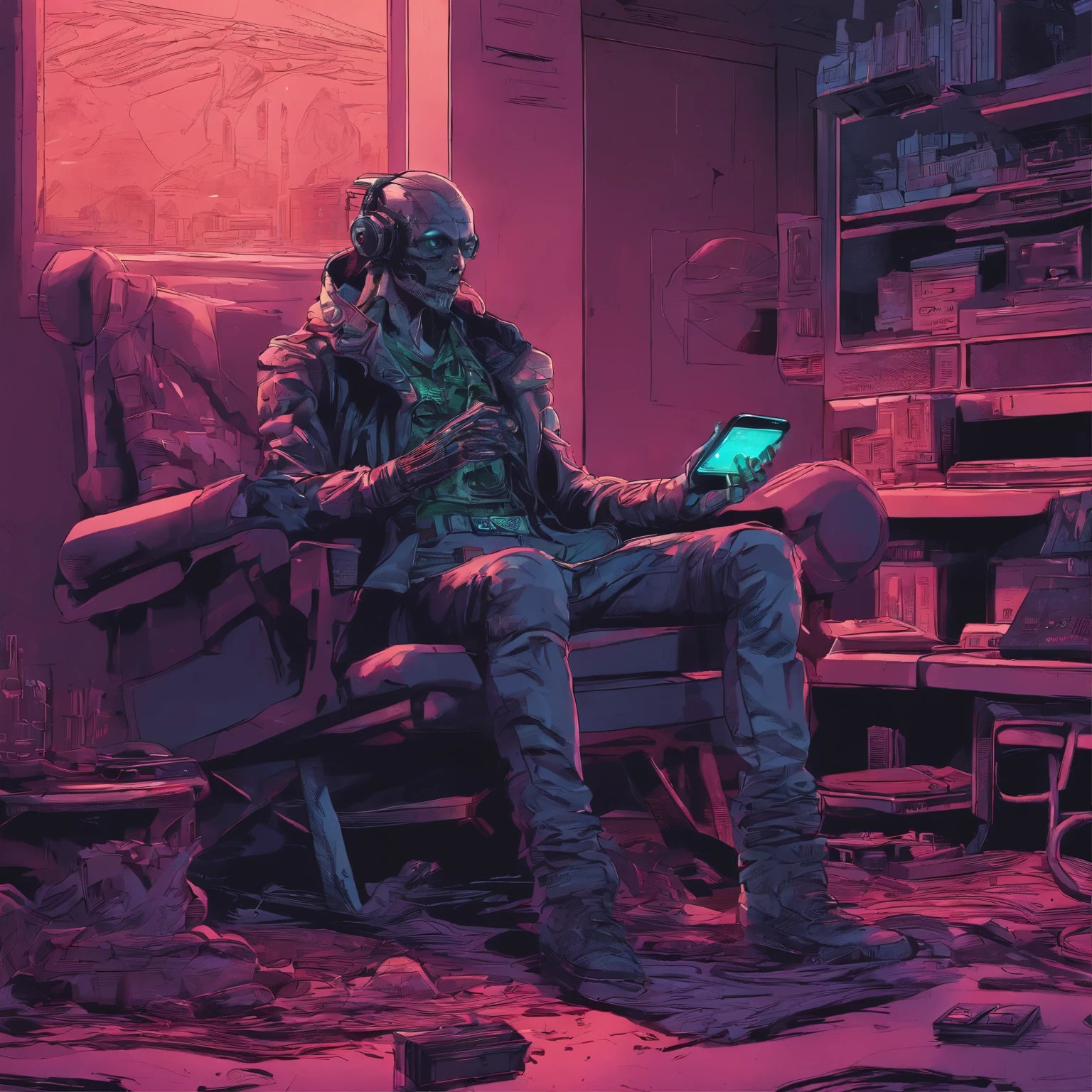 "Step into a futuristic realm with this highly detailed illustration of an undead man relaxing and playing his 3ds. The vibrant neon colors and zoomed-in perspective add a dynamic touch, while the blurring effect creates a dreamy atmosphere. Perfect for those who love a mix of fantasy and technology."