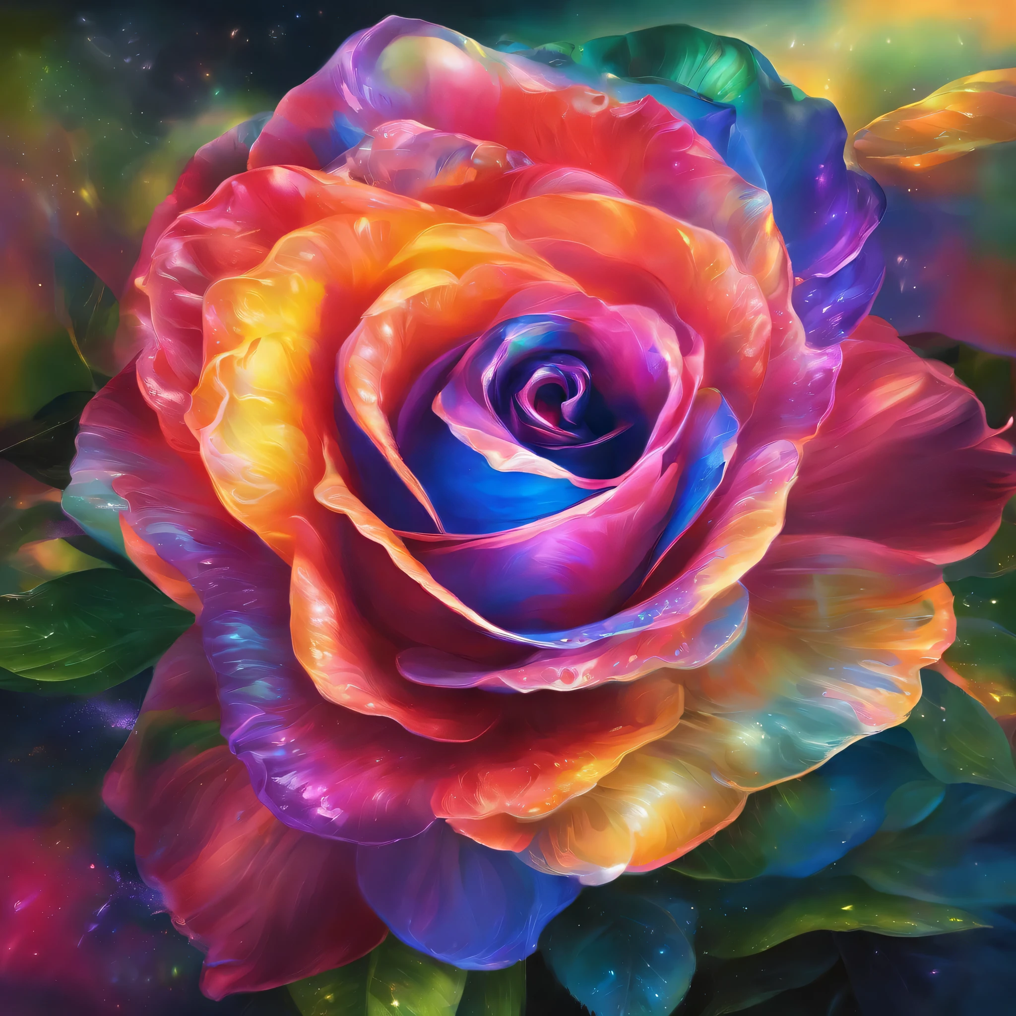 radiant rose，rainbow colored petals,Radiate the rays of the sun and moon，Crystal material，Optical，Clean，reflective，refraction，Ray tracing，super detailed，surreal，Super real photos，best quality