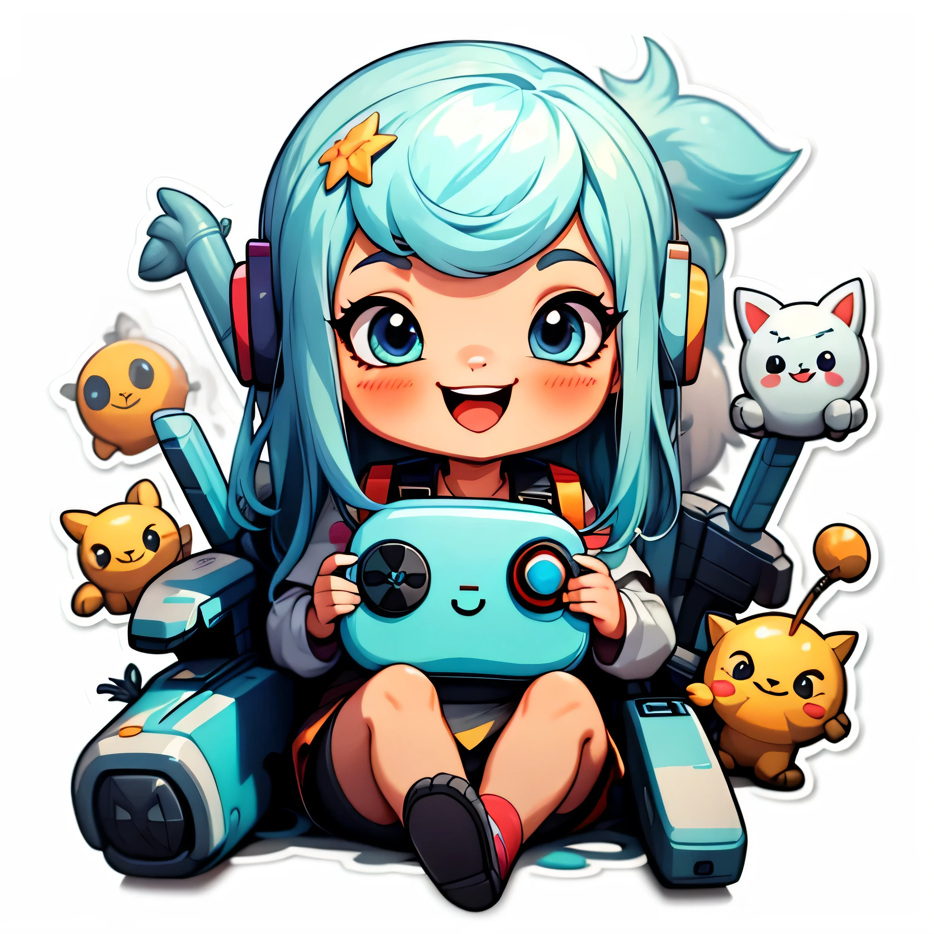 sticker, gamer girl,1girl, smiling, happy, simple white background,