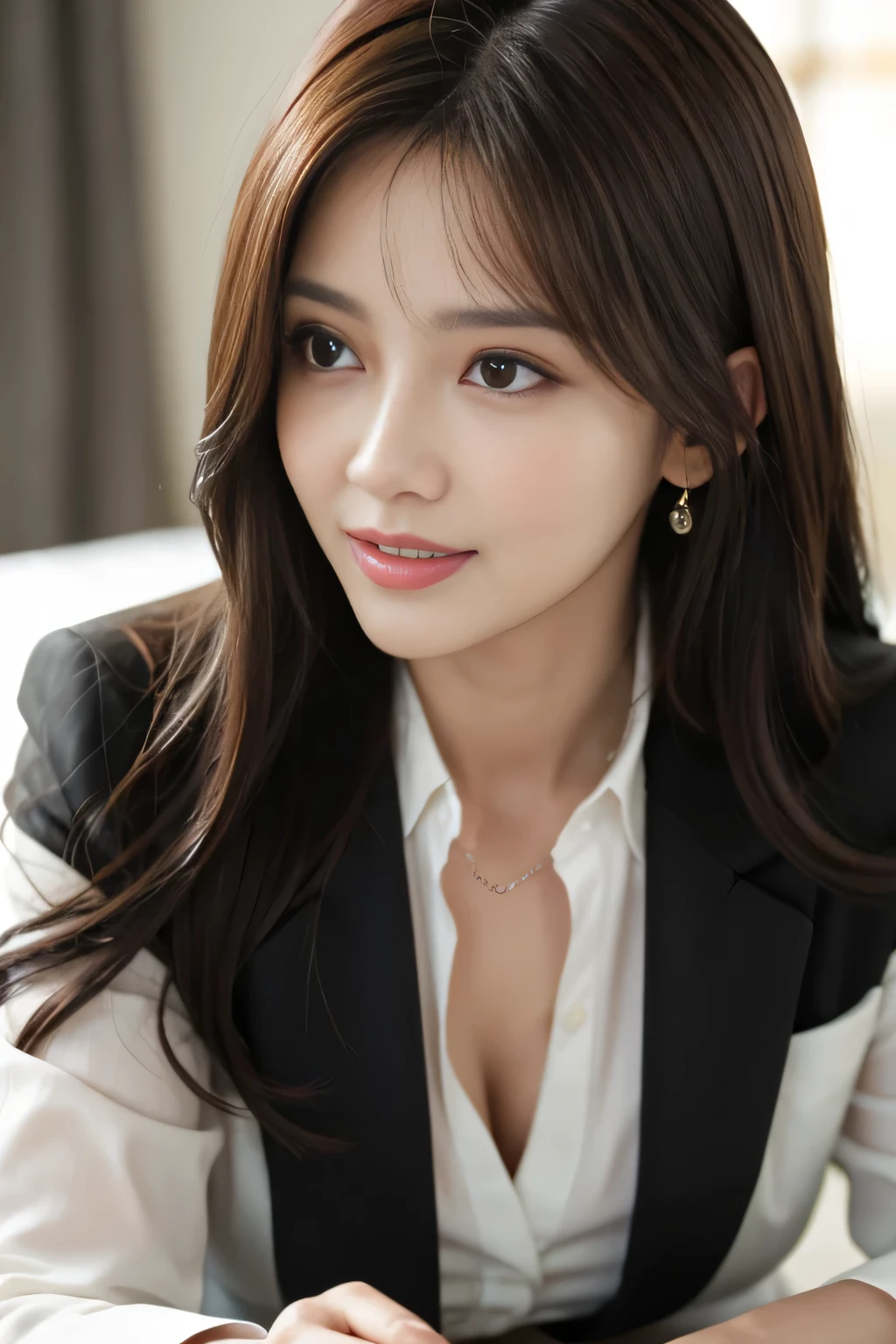 table top, highest quality, realistic, very detailed, In detail, High resolution, 8k wallpaper, 1 beautiful woman,, light brown messy hair, wearing a business suit, sharp focus, Fully dynamic configuration, beautiful and delicate eyes, thin hair, 섬세하고 realistic 피부 결, laughter, close-up portrait, model body shape