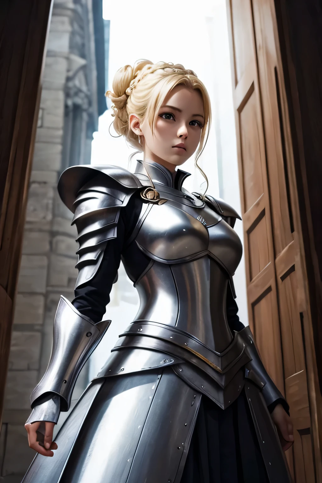 white armor、beautiful female holy knight、(((blonde updo)))、((whole body))、(((photo taken from below)))、city