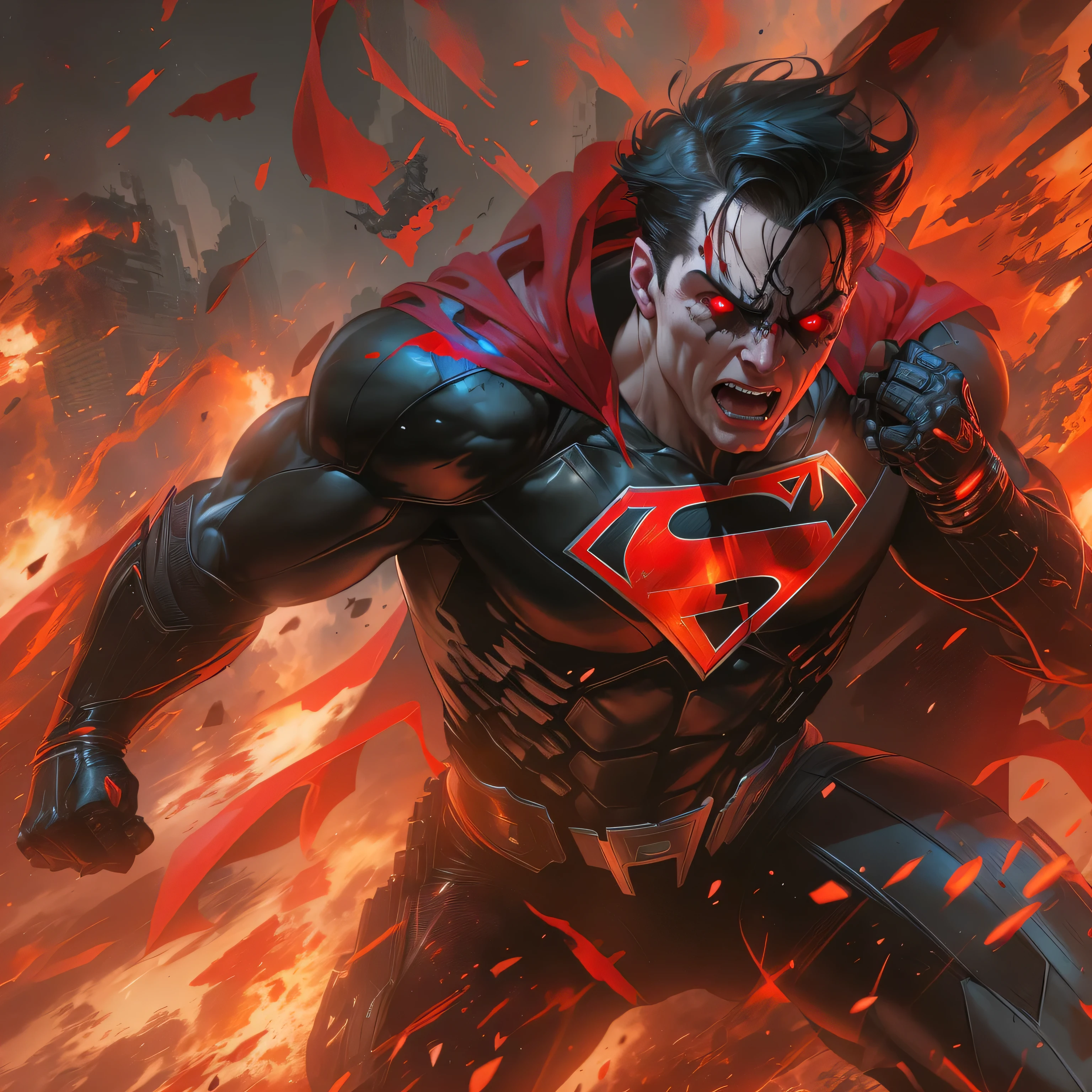 side view of Superman screaming in a falling position, slapping intensely, disintegrating in gunmetal black in dark knight costume, T-shaped mask, T-symbol on chest, in front of a fire, epic anime art, artgerm craig mullins, anime concept hdr anime macmanus, jin - roh, by Arthur Pan, antoine collignon, by Yang J, with bright red eyes, style of raymond swanland, artgerm and craig mullins, red son, dan mumford. 8k octane rendering