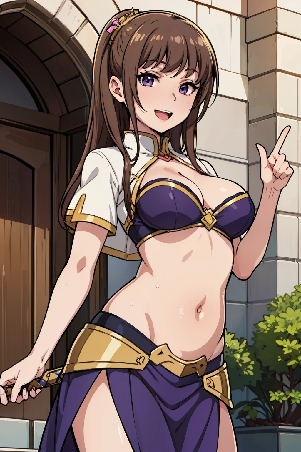 risaoneechan, risa oneechan, long hair, bangs, (brown hair:1.2), (purple eyes:1.2), smile,
masterpiece, best quality, highly detailed, fantasy , a anime girls in armored dress holding a sword
posing for a picture, evil smile, smile, open mouth, breastplate with open cleavage, cleavage, warrior
outfit, ecchi anime style, anime girls, ecchi style, (nsfw) not safe for work, ecchi, digital anime art!!, in
anime style, official artwork, visual novel cg, beautiful anime girl, anime style 4 k , loincloth, exposed
belly, exposed navel, exposed midriff, exposed lower belly, pencil skirt armored, castle,inside castle,