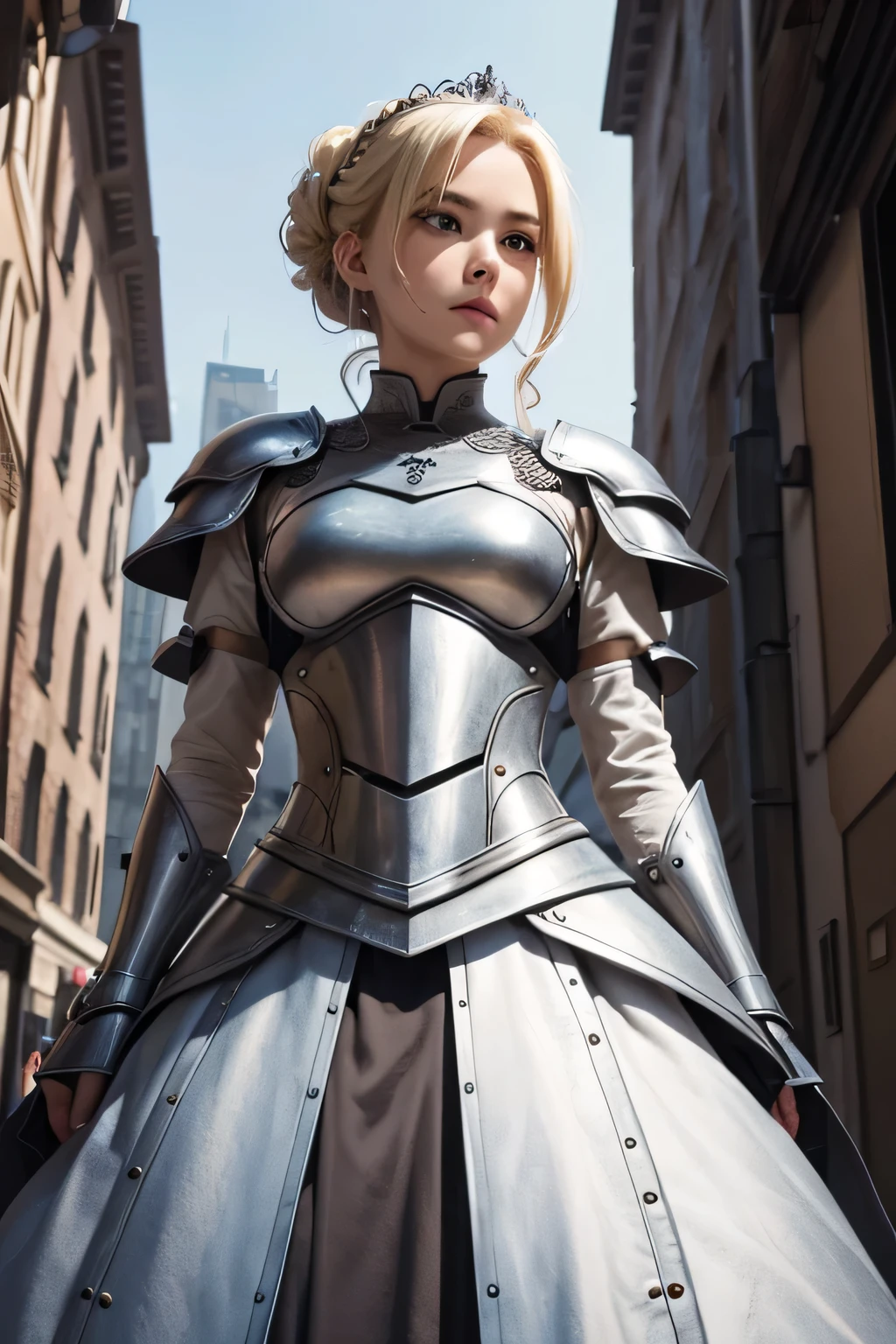 white iron armor、beautiful female holy knight、(((blonde updo)))、((whole body))、(((photo taken from below)))、city