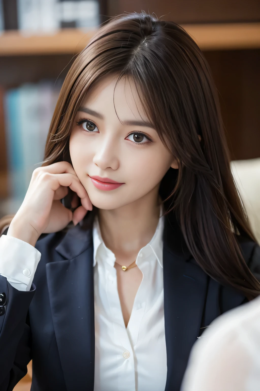 Tabletop、highest quality、Genuine、Very detailed、finely、High resolution、8k wallpaper、One beautiful woman、、Light brown messy hair、Wear a business suit、Sharp focus、Perfect dynamic composition、Beautiful fine details、Thinning hair、詳細なGenuineな肌の質感、Cute Smile、Model Body Type、It is explained here、conference room、looking at the camera、Are standing
