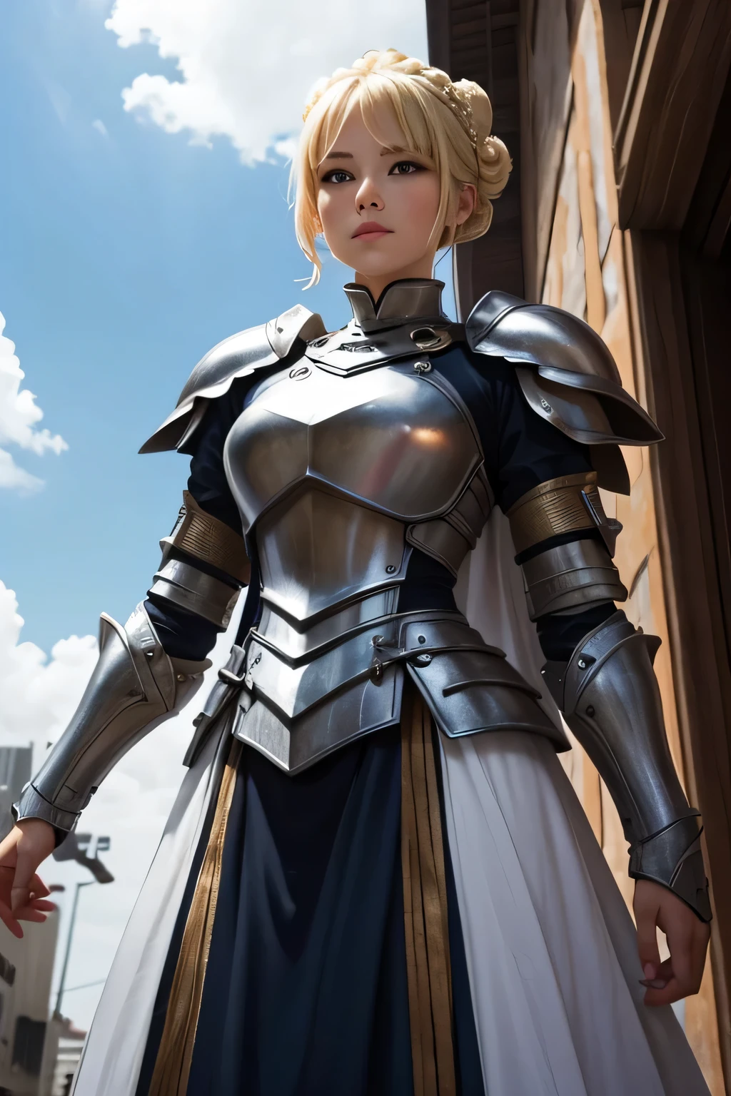 white armor、beautiful female holy knight、(((blonde updo)))、((whole body))、(((photo taken from below)))、city