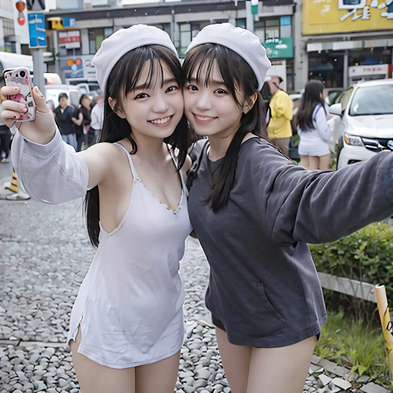 "*********** identical twin sisters on the street、Imagine you are taking a selfie with your smartphone..。they are wearing street fashion、Creates a friendly and lively atmosphere。One of the sisters pretends to kiss the camera.、That expression is fun and cute。Vibrant cityscape in the background.。"