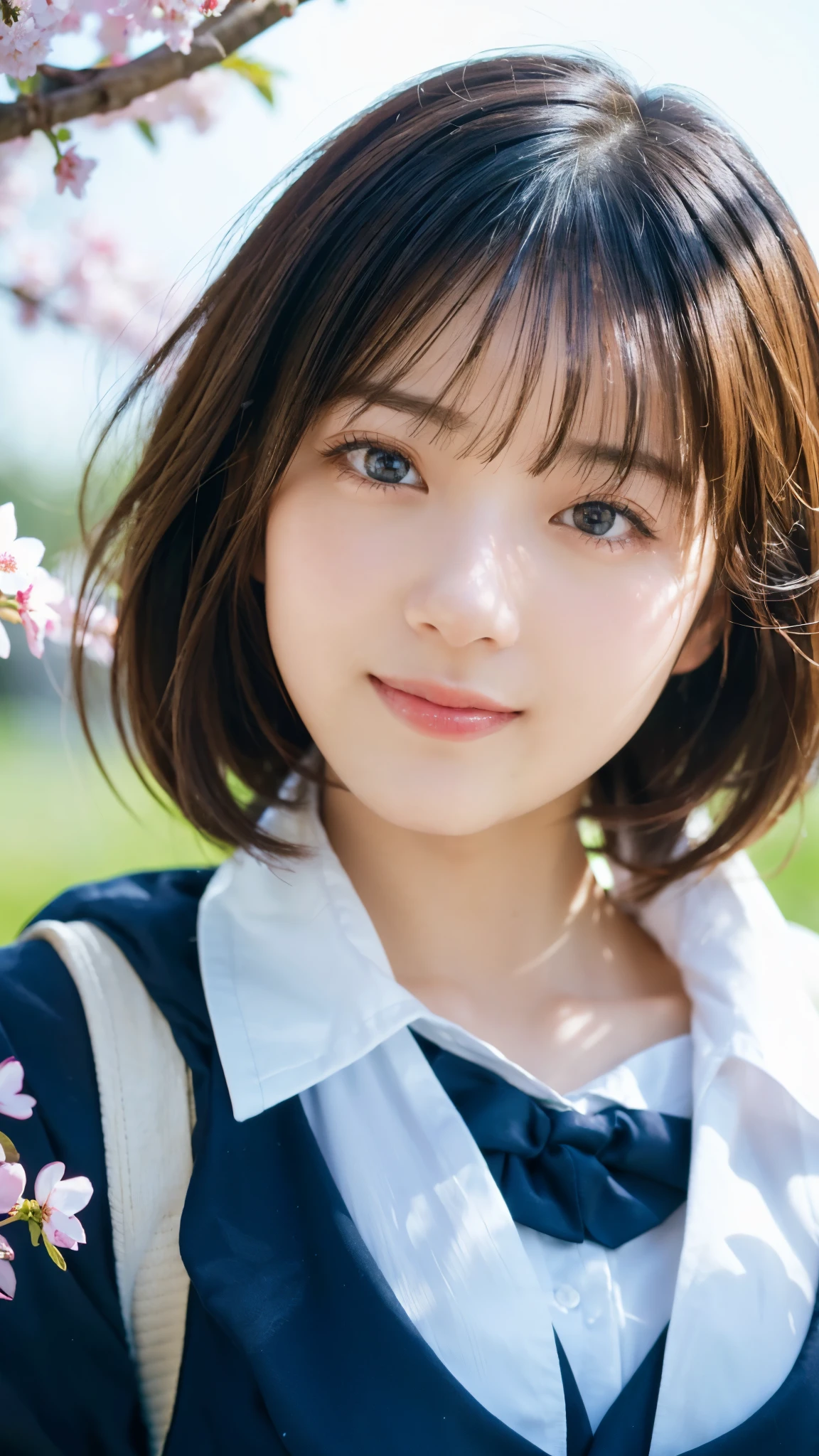 (highest quality,masterpiece:1.3,ultra high resolution),(Super detailed,caustics,8k),(photorealistic:1.4,RAW shooting),1 girl,sit,(smile),(looking down at the camera),18-year-old,cute,Japanese,black hair short cut,(school uniform),glamorous,(big ),(breast focus),grass,cherry blossoms,blue sky,sun,Natural light,(Lens flare),professional writing,(bust up shot),(Tilt composition:1.3),(low position:1.4),(Low - Angle:1.4)