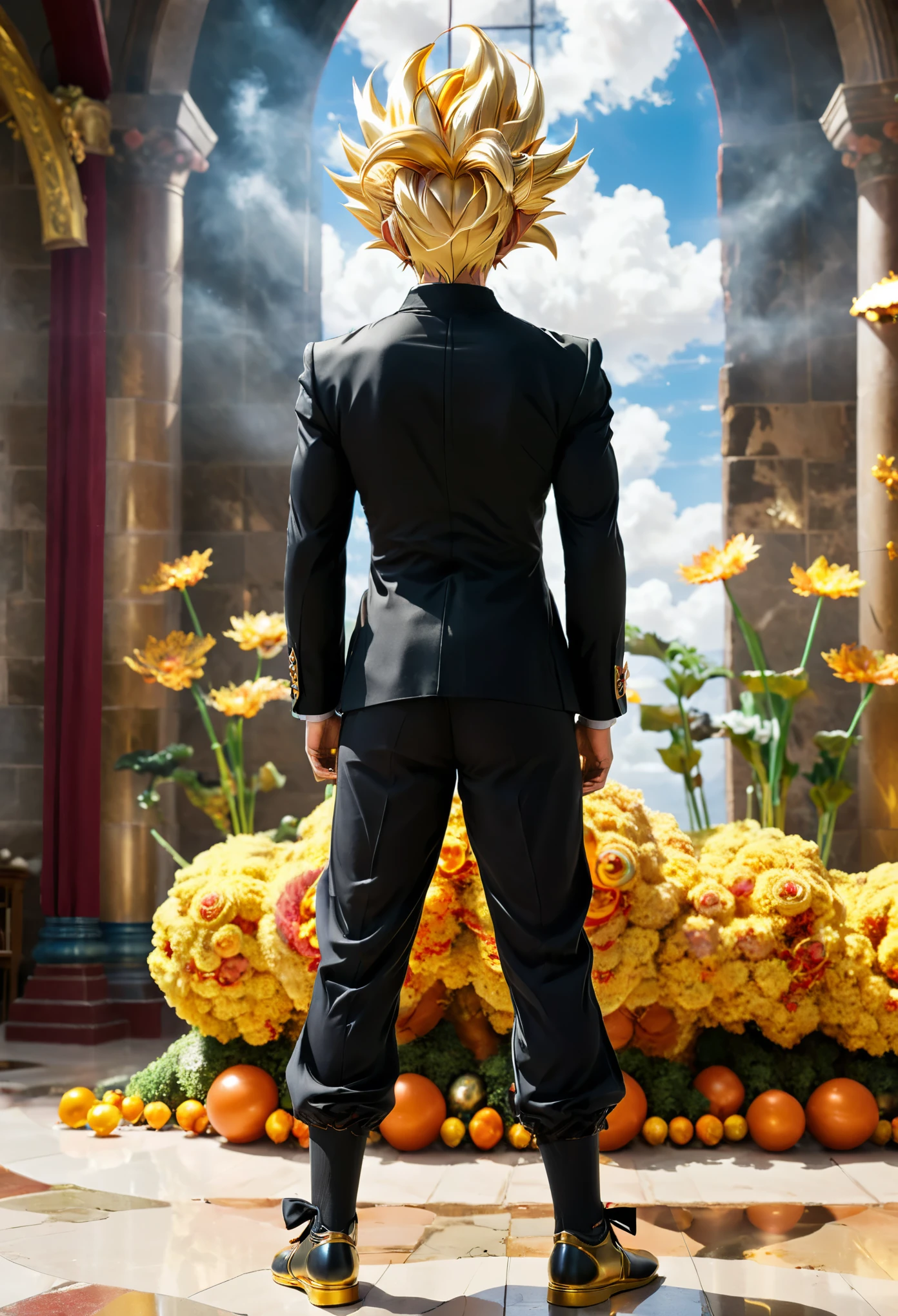 side shot,In the church in heaven,Dragon Ball Sun Wukong wearing a black suit standing on the ground,(bow your head:1.2),(Close eyes:1.2)