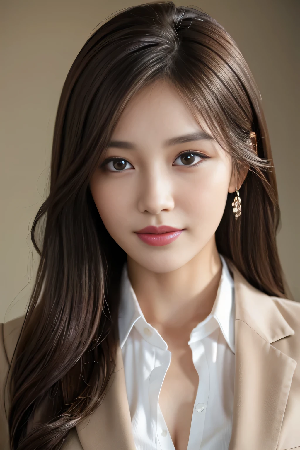table top, highest quality, realistic, very detailed, In detail, High resolution, 8k wallpaper, 1 beautiful woman,, light brown messy hair, wearing a business suit, sharp focus, Fully dynamic configuration, beautiful and delicate eyes, thin hair, 섬세하고 realistic 피부 결, laughter, close-up portrait, model body shape