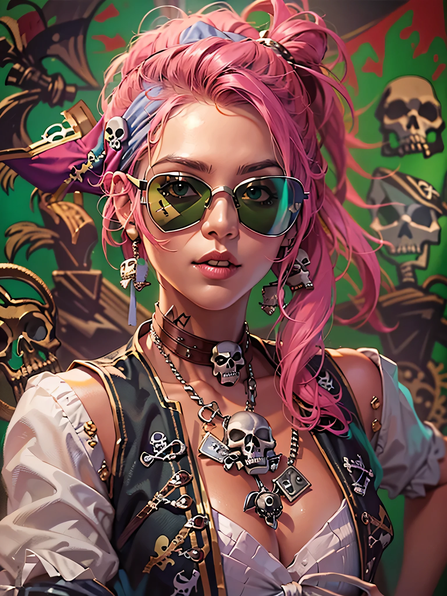 official art，unity 8k wallpaper，Super detailed，Works by stars of the beauty and esthetics industry，highest quality，（and colorful graffiti walls），1 girl，pink hair，green eyes，very detailed，dynamic angle，Pirate Shots，the most beautiful form of chaos，elegant，beastly design，bright colors，romanticism，(((historical(the strongest pirate girl)))，((Stylish sunglasses))、pirate bandana、(((skull fashion)))、
