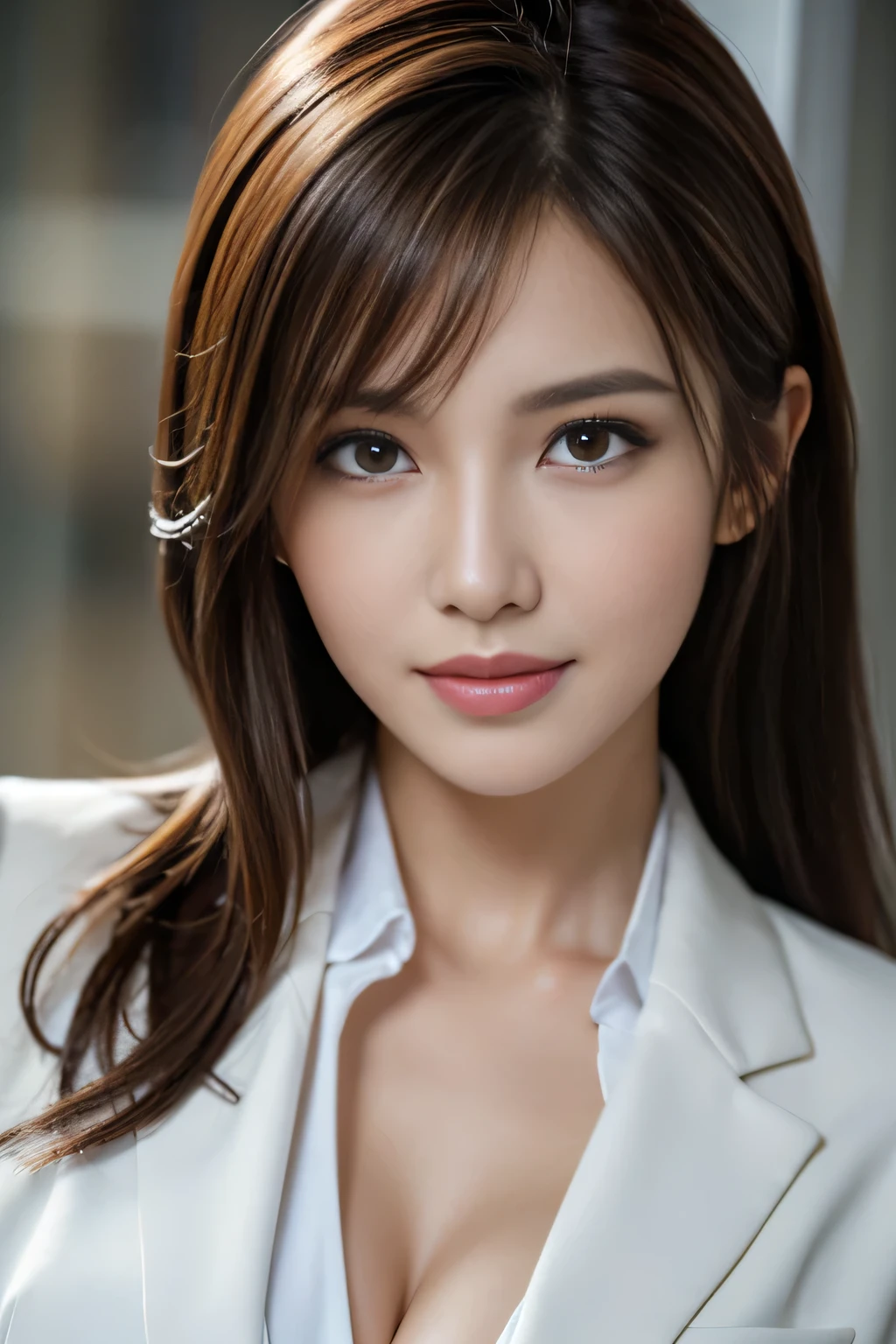 table top, highest quality, realistic, Super detailed, finely, High resolution, 8k wallpaper, 1 beautiful woman,, light brown messy hair, wearing a business suit, sharp focus, perfect dynamic composition, beautiful and detailed eyes, thin hair, Detailed realistic skin texture, smile, close-up portrait, model body shape
