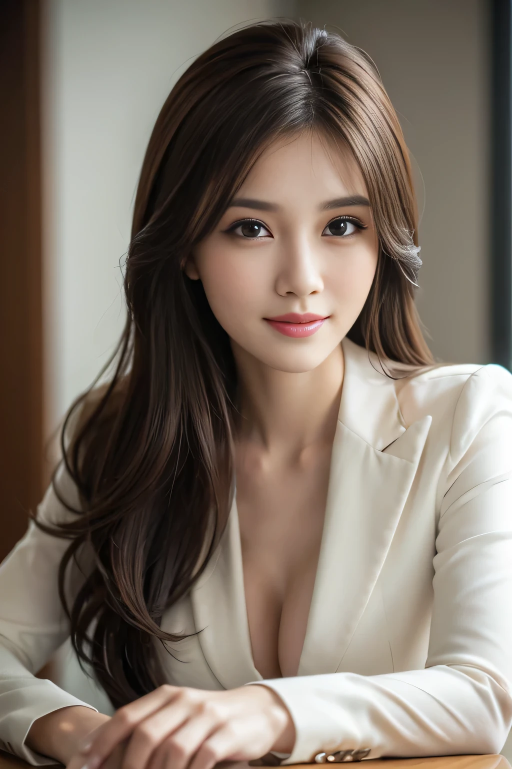 table top, highest quality, realistic, Super detailed, finely, High resolution, 8k wallpaper, 1 beautiful woman,, light brown messy hair, wearing a business suit, sharp focus, perfect dynamic composition, beautiful and detailed eyes, thin hair, Detailed realistic skin texture, smile, close-up portrait, model body shape