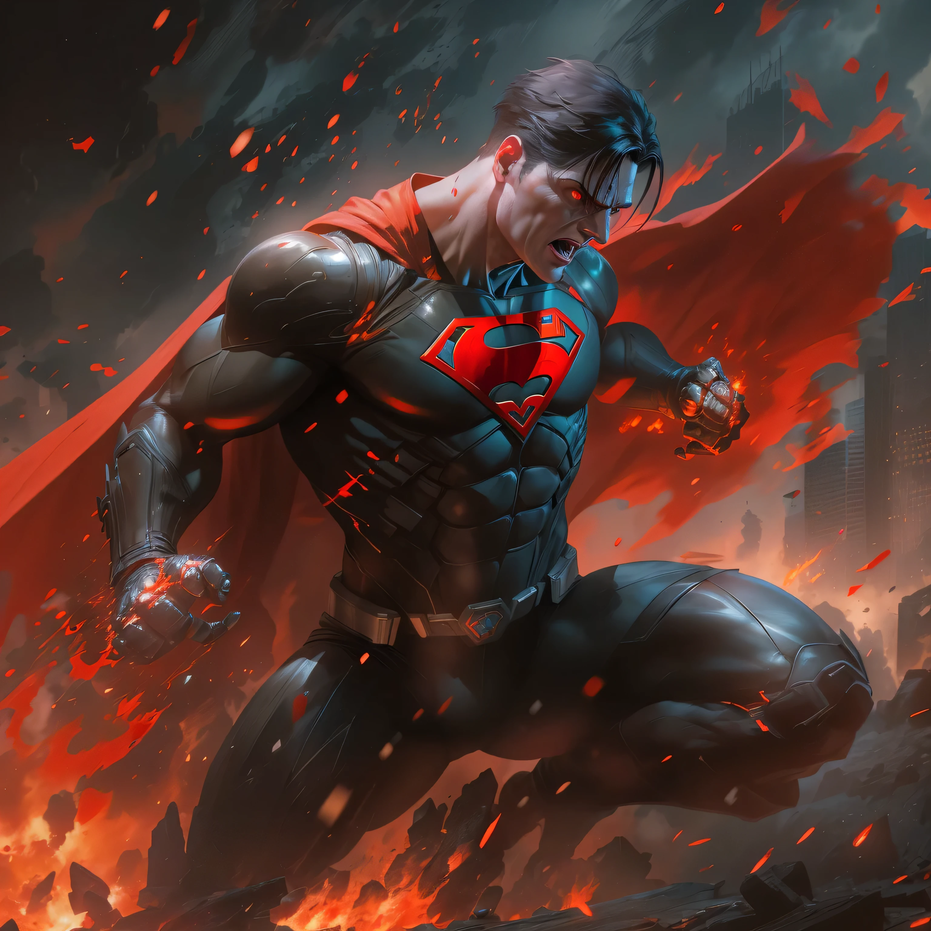 side view of Superman screaming in a falling position, slapping intensely, disintegrating in gunmetal black in dark knight costume, T-shaped mask, T-symbol on chest, in front of a fire, epic anime art, artgerm craig mullins, anime concept hdr anime macmanus, jin - roh, by Arthur Pan, antoine collignon, by Yang J, with bright red eyes, style of raymond swanland, artgerm and craig mullins, red son, dan mumford. 8k octane rendering