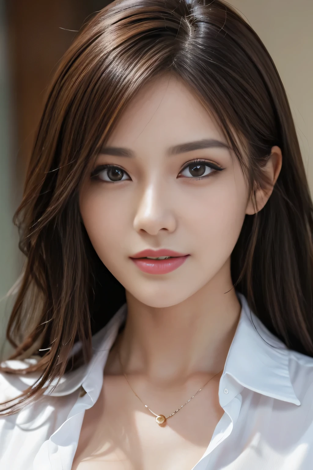 table top, highest quality, realistic, Super detailed, finely, High resolution, 8k wallpaper, 1 beautiful woman,, light brown messy hair, wearing a business suit, sharp focus, perfect dynamic composition, beautiful and detailed eyes, thin hair, Detailed realistic skin texture, smile, close-up portrait, model body shape
