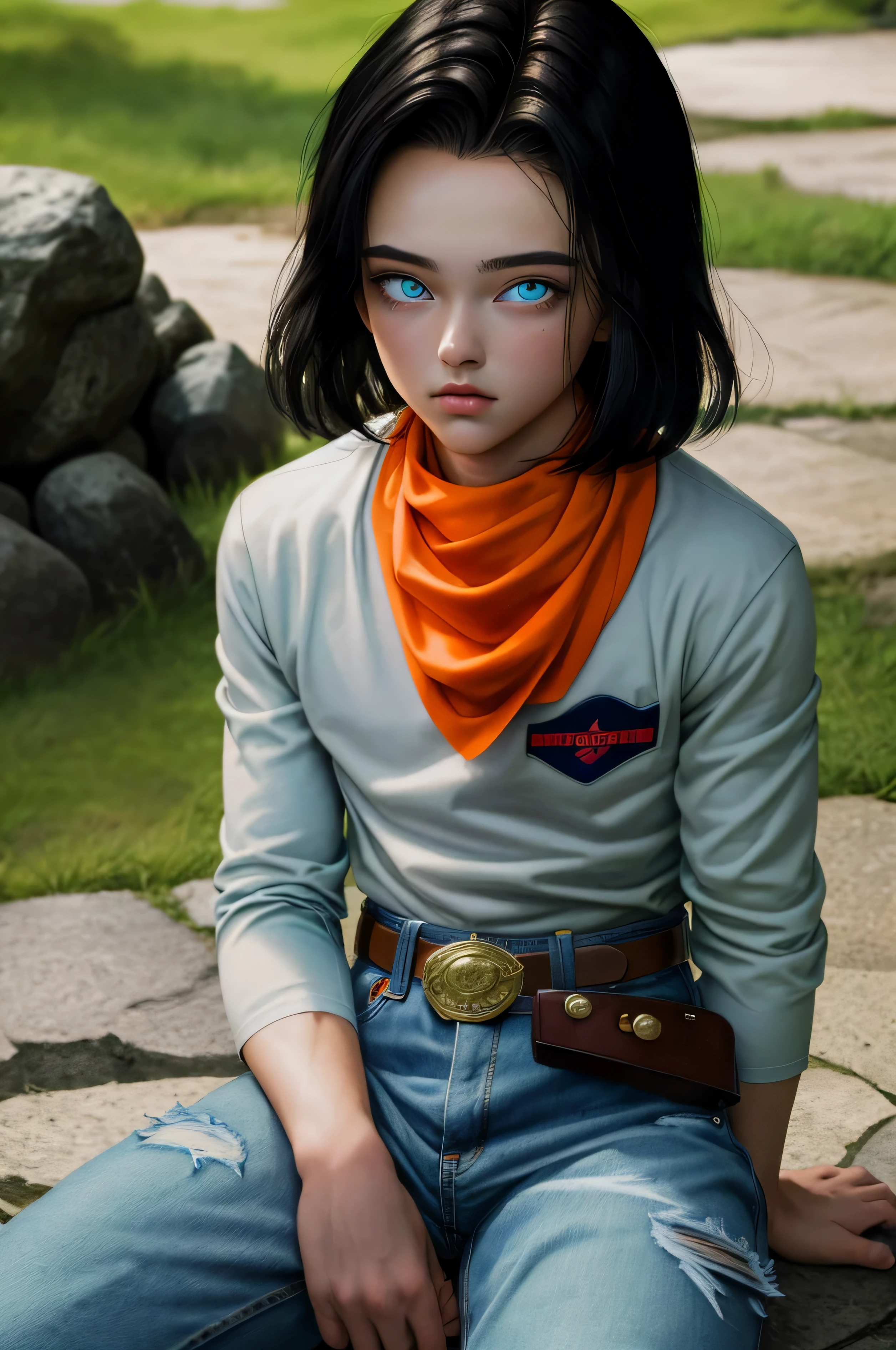 (masterpiece), best quality, expressive eyes, perfect face, highres, 1 boy, solo, android  , (male body:1.3), blue eyes, black short hair,parted hair,short hair, black shirt, jeans, layered shirt, white sleeves,orange bandana, blue sneakers, green socks, brown belt, red patch, outdoor, landscape, sitting on floor, portrait, looking at the viewer, An exquisite masterpiece of top quality and high resolution featuring Marnie. Big sleepy eyes, Aqua eyes、Glowing under the dim light. black short hair, magazine style, dark backbround