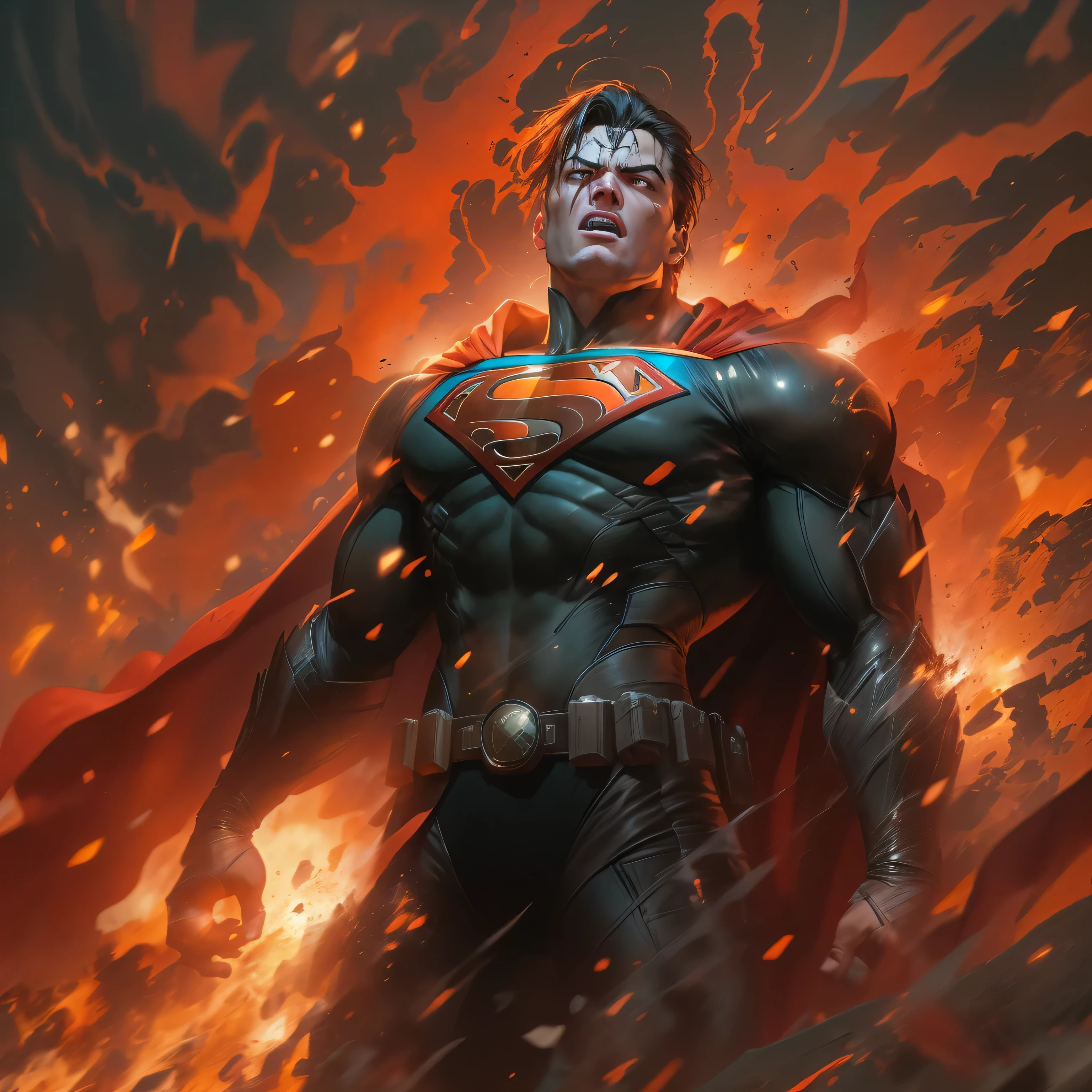 side view of Superman screaming in a falling position, slapping intensely, disintegrating in gunmetal black in dark knight costume, T-shaped mask, T-symbol on chest, in front of a fire, epic anime art, artgerm craig mullins, anime concept hdr anime macmanus, jin - roh, by Arthur Pan, antoine collignon, by Yang J, with bright red eyes, style of raymond swanland, artgerm and craig mullins, red son, dan mumford. 8k octane rendering