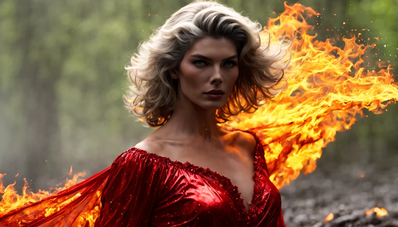 (((Kelly McGillis como rainha do fogo, (27 anos), de corpo inteiro), O vestido Vermelho, The skirt is long to the floor,)), fire magic sorceress, rainha do fogo, usando um vestido longo feito de luzes de fogo, magical forest on fire, with flutter, (((fogo)) magia), roupas justas de feiticeira, magical clothes, (((flowing hairstyle))), ( ((olhos brilhantes))), usando capa, ((bokeh)), profundidade de campo.