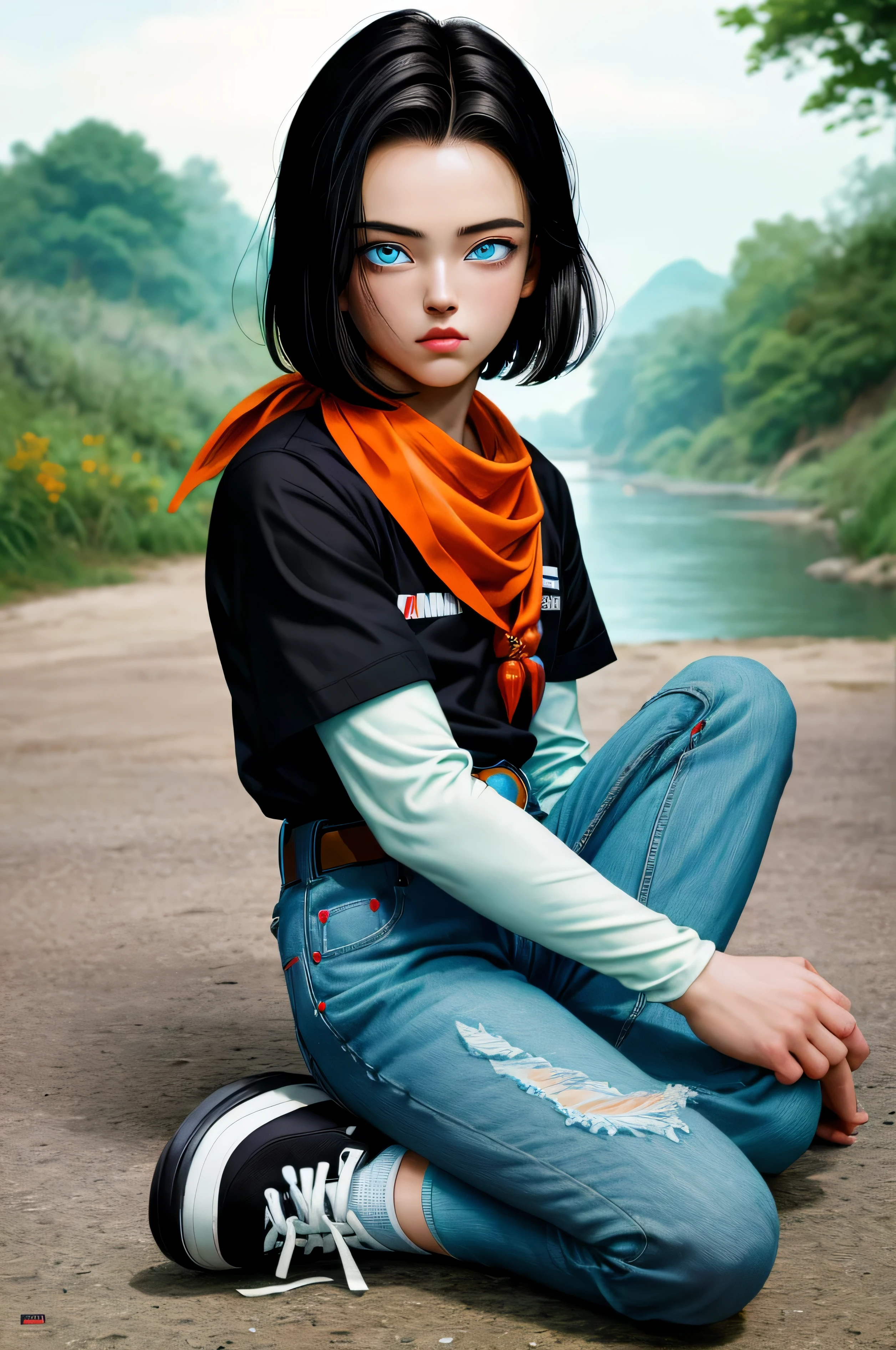 (masterpiece), best quality, expressive eyes, perfect face, highres, 1 boy, solo, android  , (male body:1.3), blue eyes, black short hair,parted hair,short hair, black shirt, jeans, layered shirt, white sleeves,orange bandana, blue sneakers, green socks, brown belt, red patch, outdoor, landscape, sitting on floor, portrait, looking at the viewer, An exquisite masterpiece of top quality and high resolution featuring Marnie. Big sleepy eyes, Aqua eyes、Glowing under the dim light. black short hair, magazine style, dark backbround