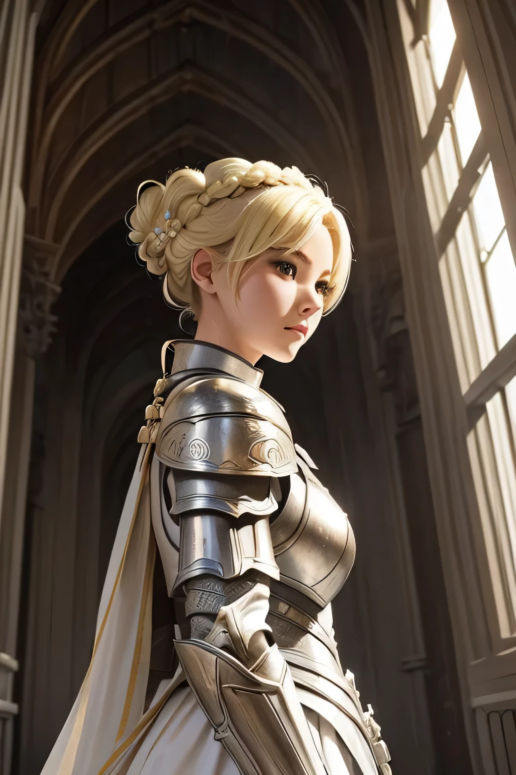 light problem、white armor、beautiful female holy knight、(((blonde updo)))、((whole body))、(((photo taken from below)))、city