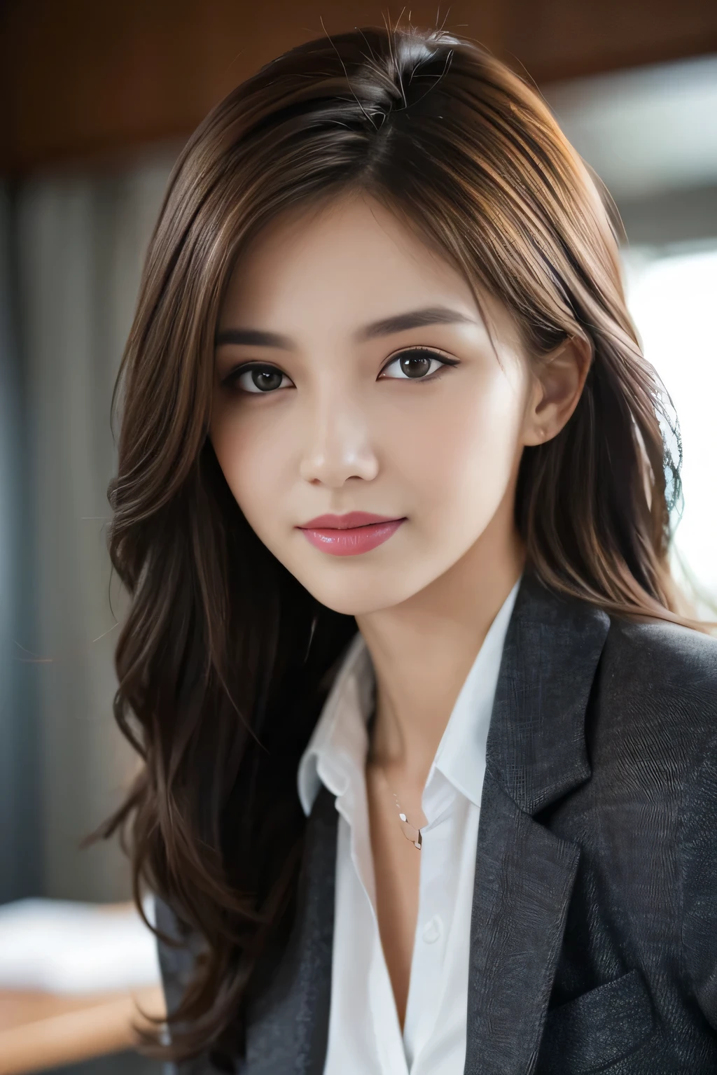 table top, highest quality, realistic, Super detailed, finely, High resolution, 8k wallpaper, 1 beautiful woman,, light brown messy hair, wearing a business suit, sharp focus, perfect dynamic composition, beautiful and detailed eyes, thin hair, Detailed realistic skin texture, smile, close-up portrait, model body shape